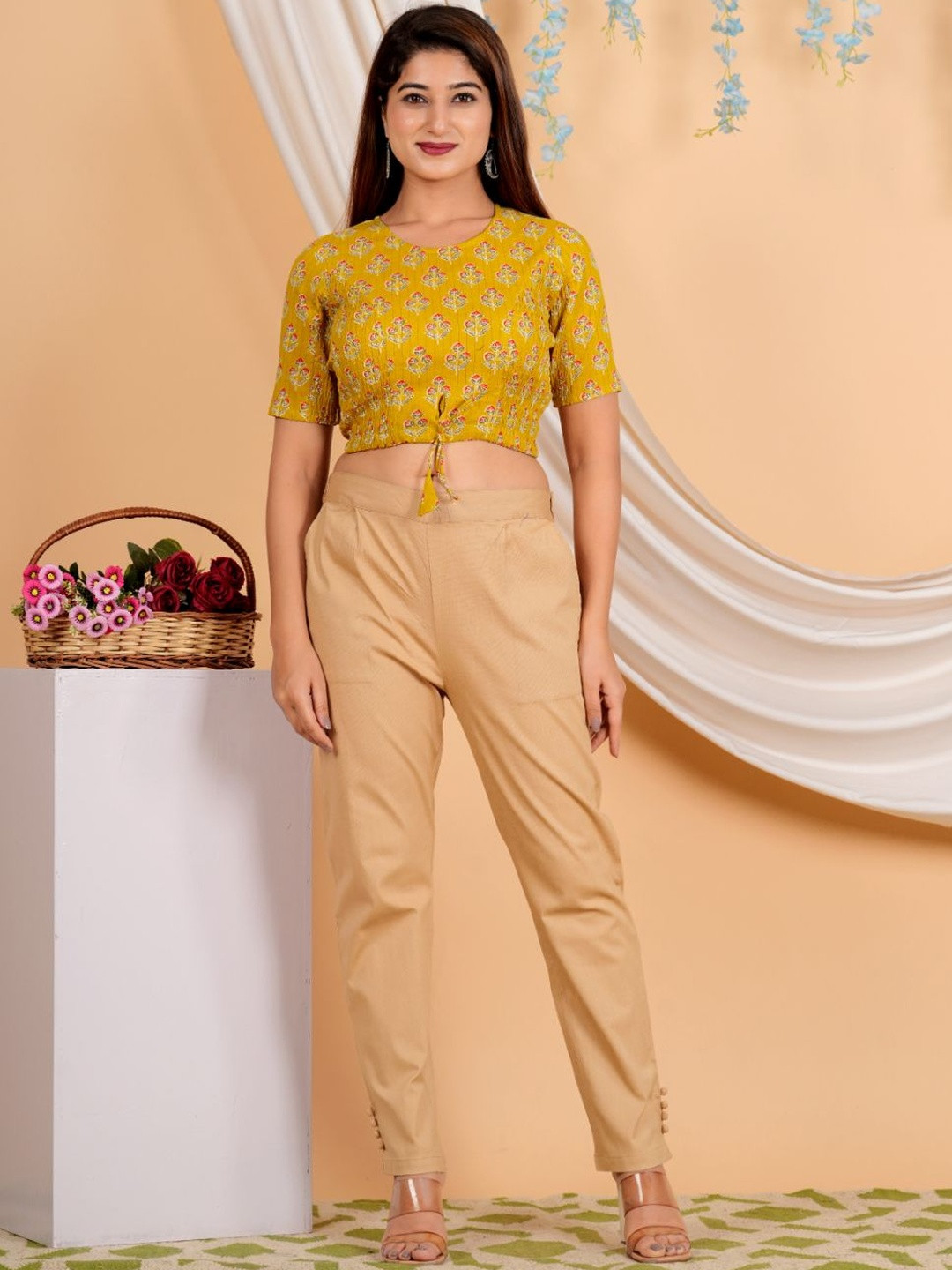 KALINI Women's Cotton Lurex Floral Printed Regular Blouse (Mustard)