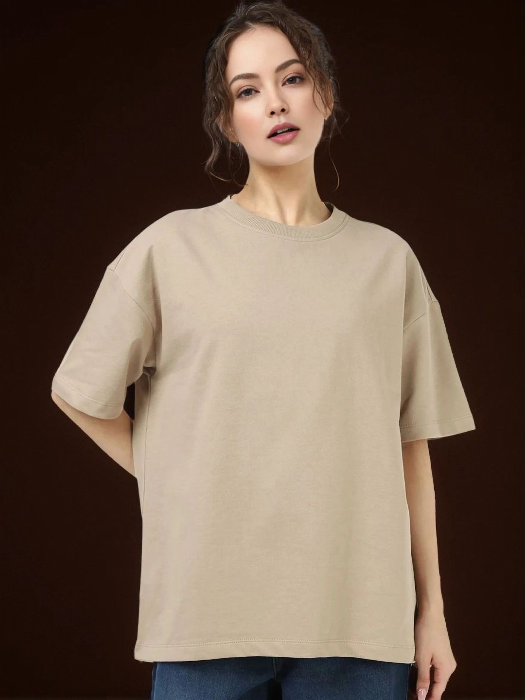 BLURR Drop-Shoulder Sleeves Round Neck Oversized Cotton T-shirt