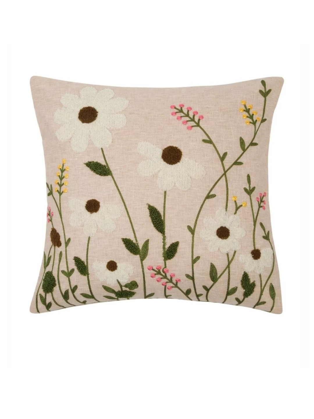 MONKDECOR Peach-Coloured & White Floral Linen Square Cushion Covers