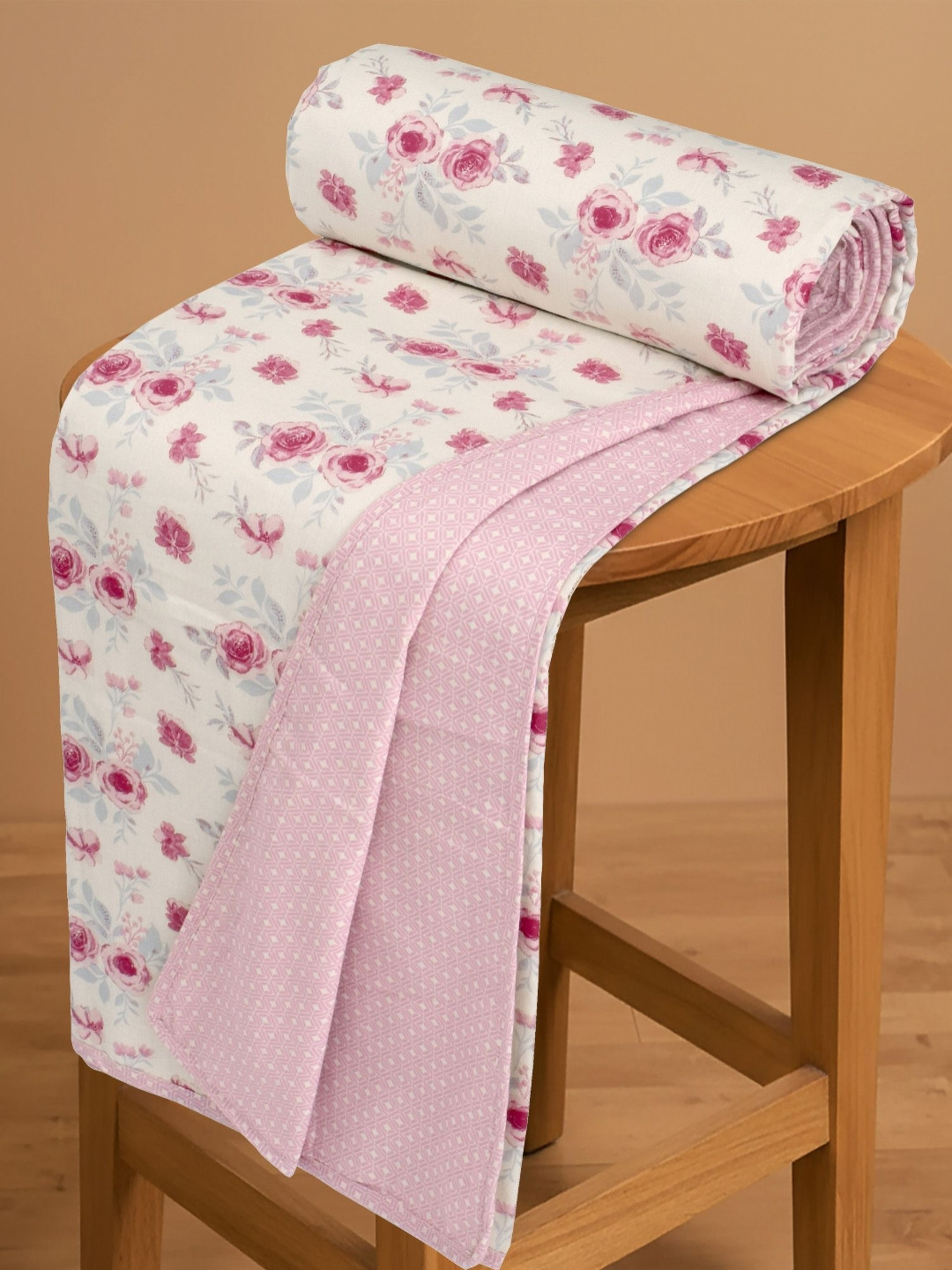Huesland Pink & Cream Colored Printed Pure Cotton AC Room Reversible Single Bed Dohar