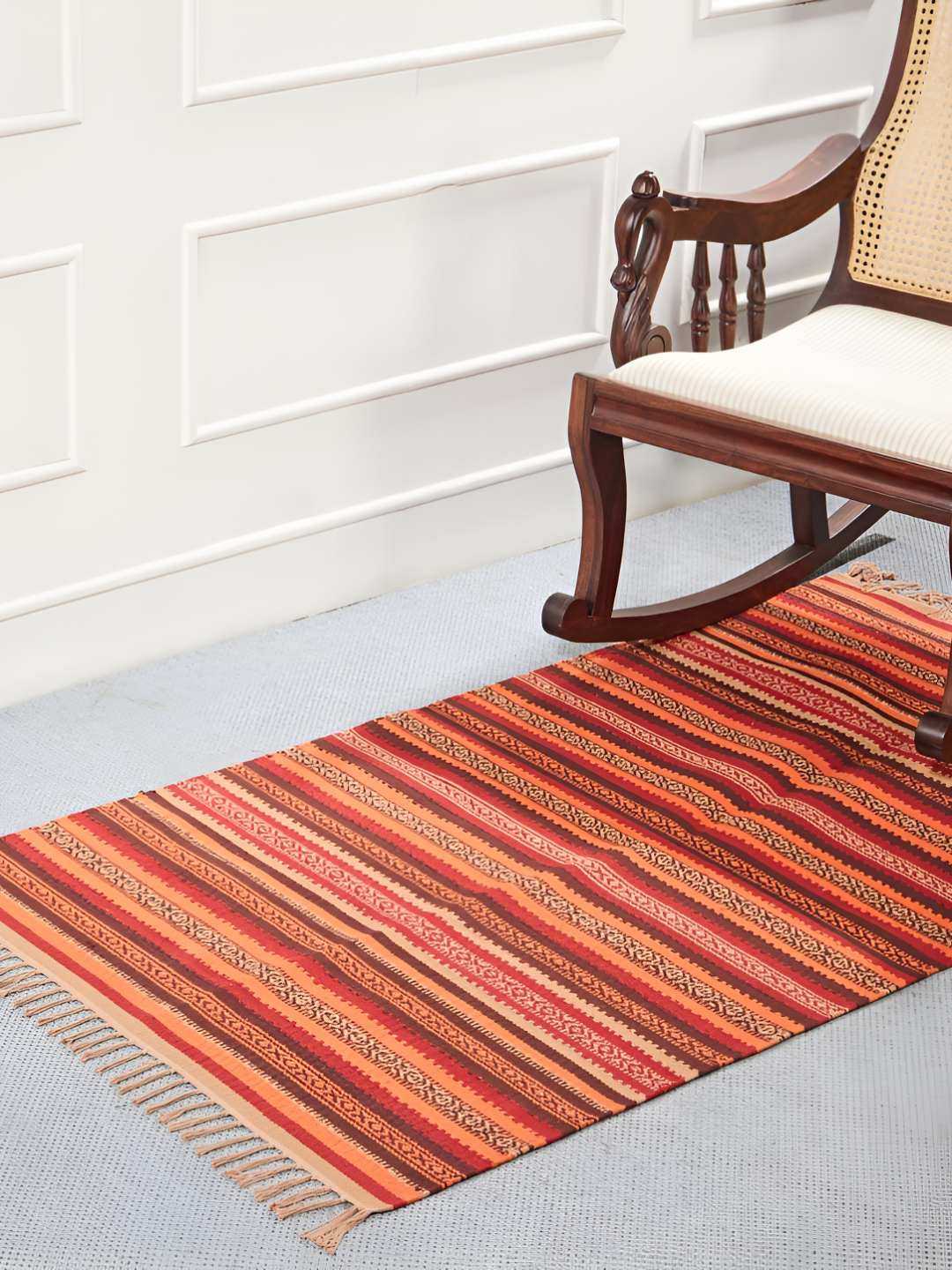 Fabindia Orange-Colored & Red Printed Cotton Floor Mat & Dhurrie