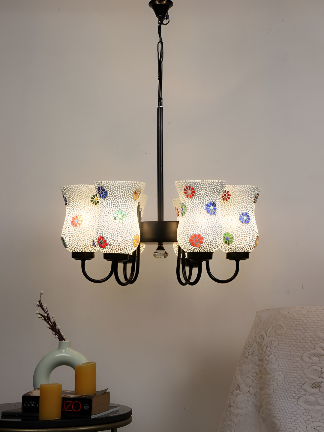 Aura White & Black Textured Abstract Shaped 6 Light Ceiling Lamp