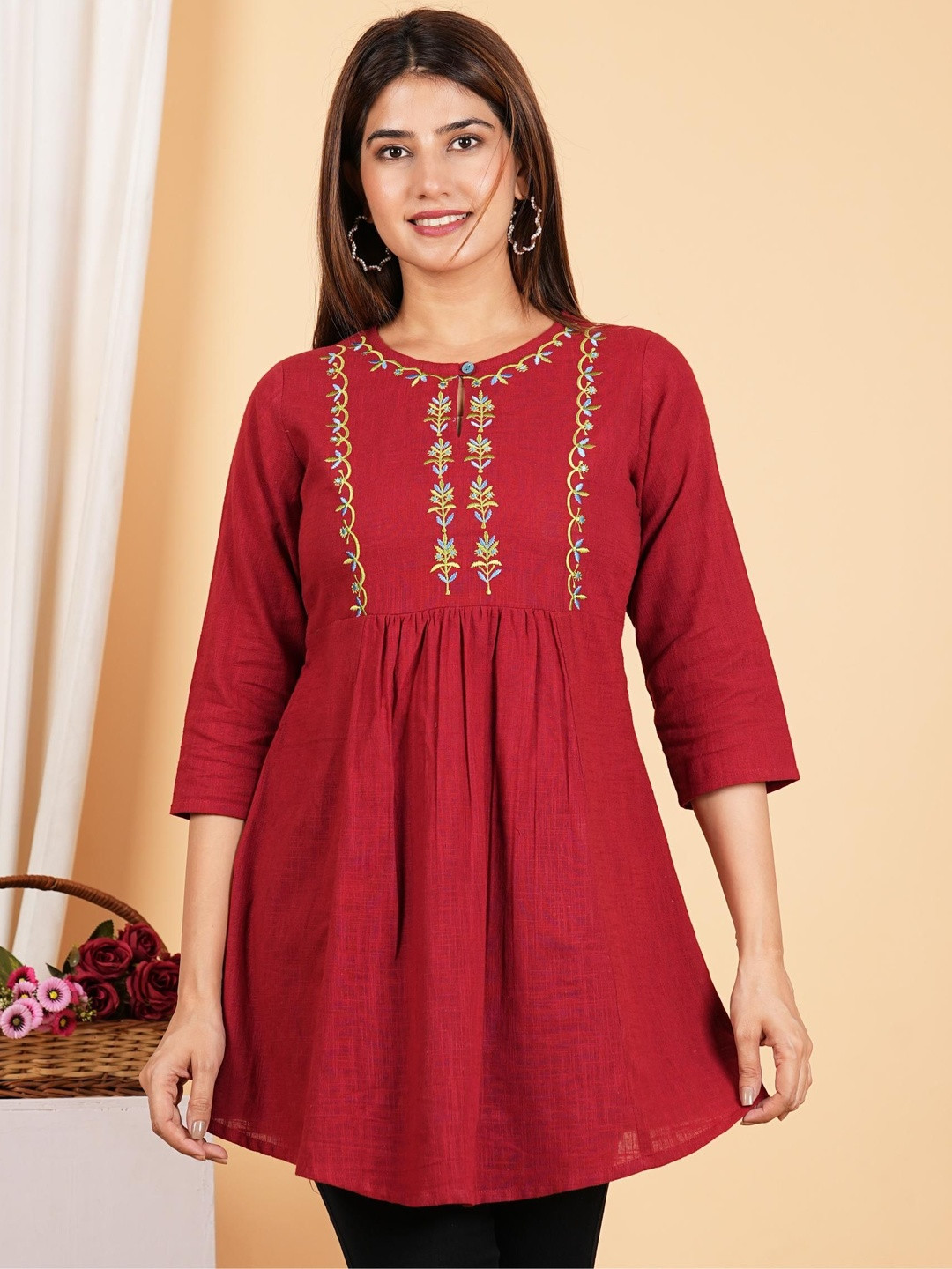 KALINI Women's Cotton Embroidered 3/4th Sleeve Keyhole Neck Regular Fitted Short Kurti