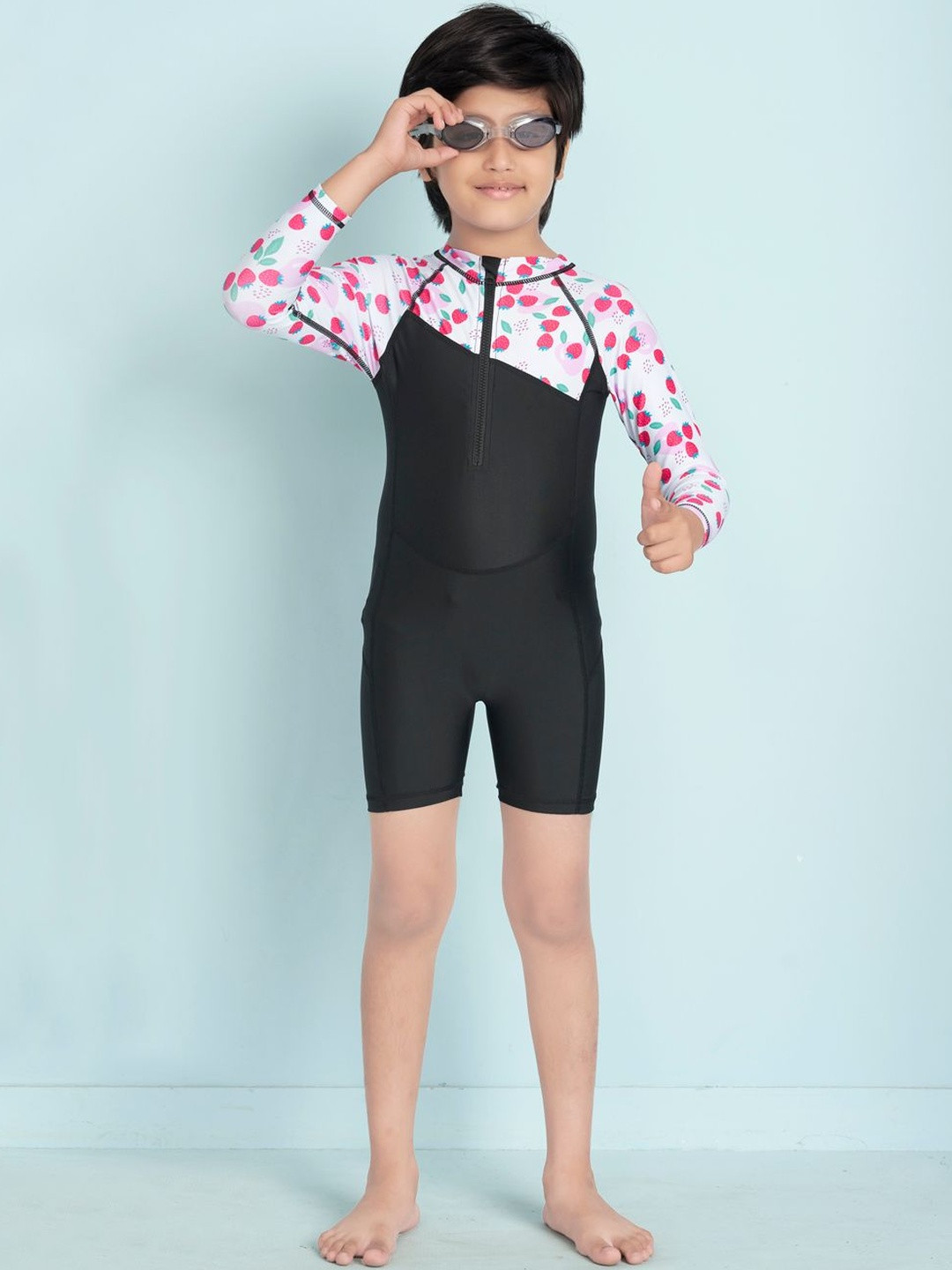 Muhuratam Boys Sports Wear Black-Pink Colour Strawberry Print Nylon Swim Suit