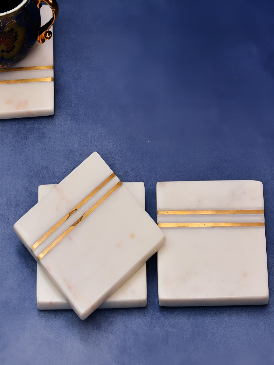 THE MOHRAJ Set Of 4 White & Yellow Marble Square Coasters