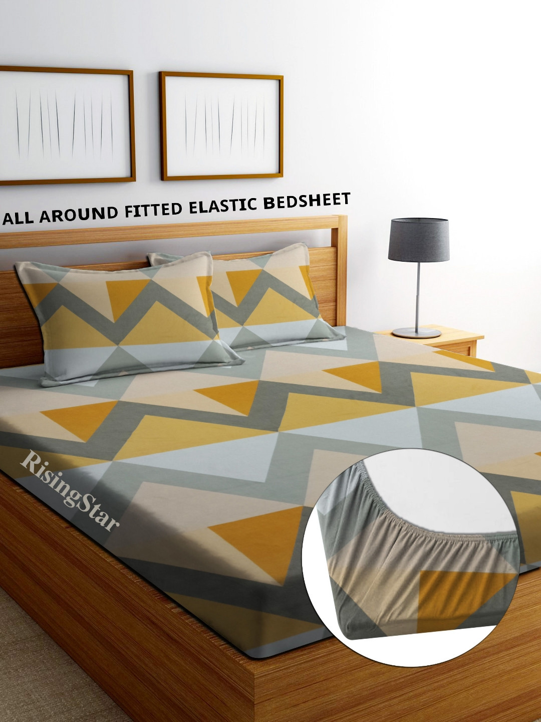 RISING STAR Grey & Yellow Striped 250 TC Bedsheet With 2 Pillow Covers