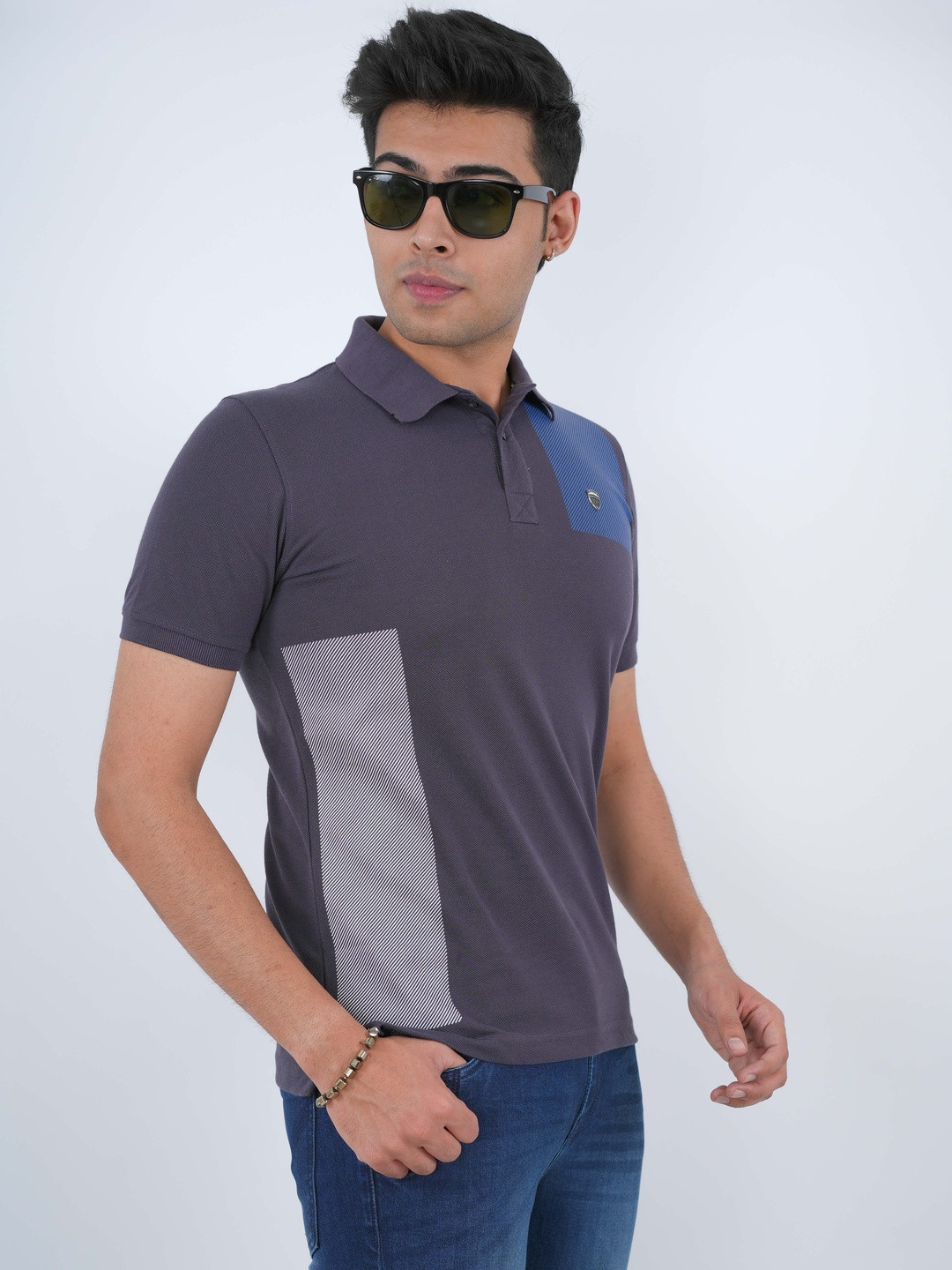 THREADS OF HARMAN Cotton Brand Logo printed Colourblocked Polo Collar T-shirt