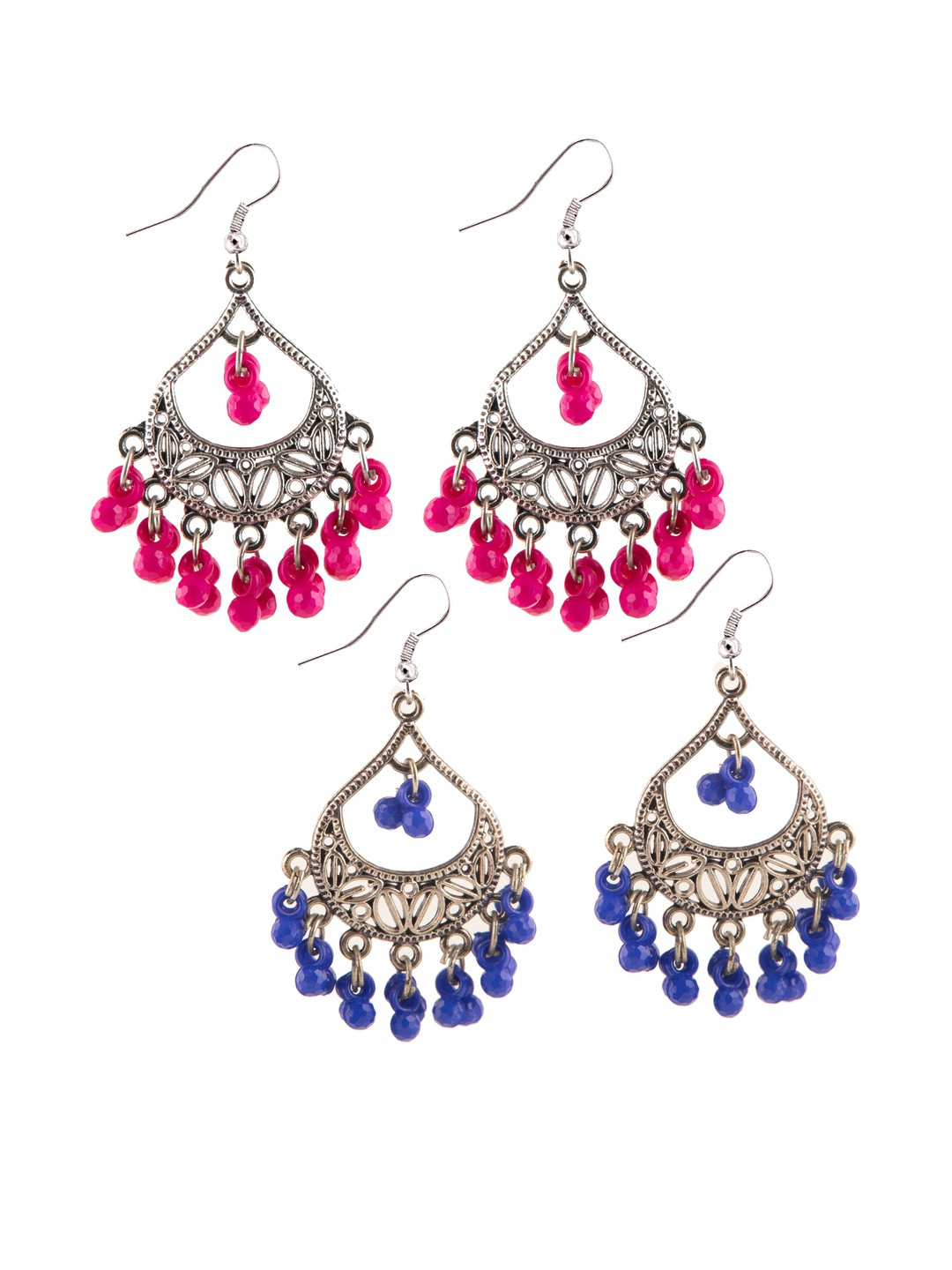 Creative Frogs Women Set of 2 Oxidized Silver-Toned Chandbali Earrings with Dark Beads