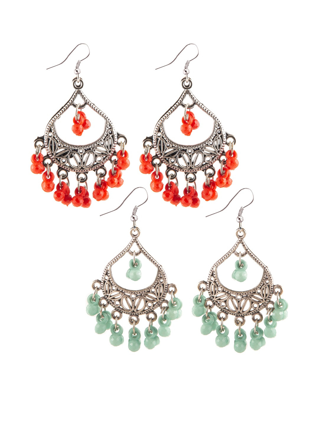 Set of 2 Oxidized Silver-Toned Chandbali Earrings with Red & Sea Green Beads & Girls