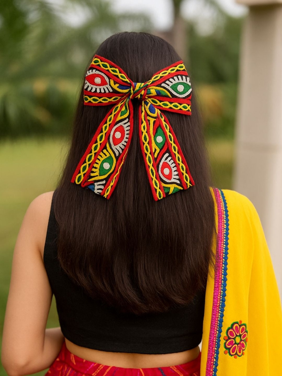 Rovlina Women Bow Navratri Ethnic Jaipuri Embroidery Lace Alligator Hair Clip