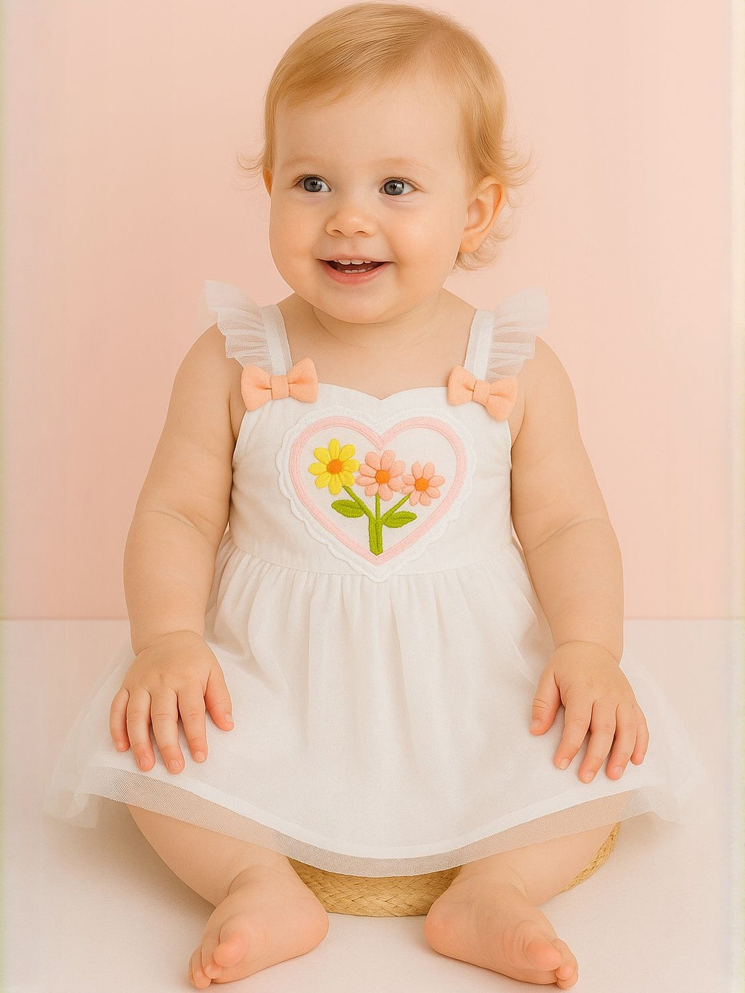 Baby Girl Partywear Sleeveless Tulle Frock with Heart & Flower Design