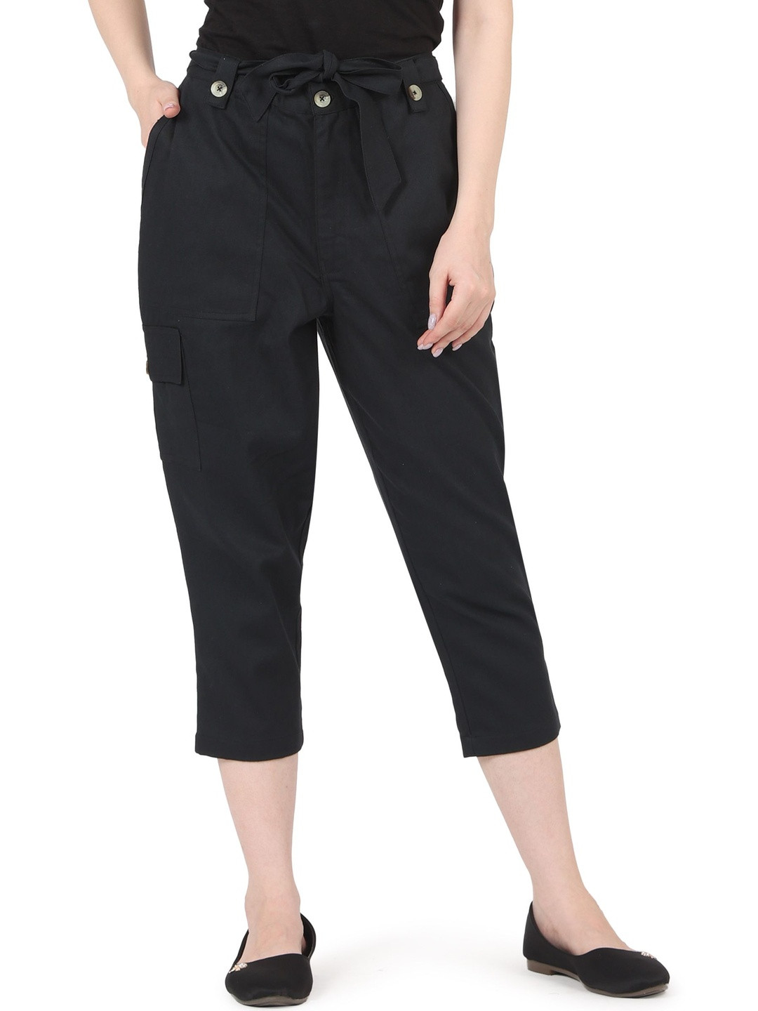 MJ LIFE STYLE Women Regular Fit Mid-Rise Cropped Cotton Cargo Pants with Tie-Up Waist