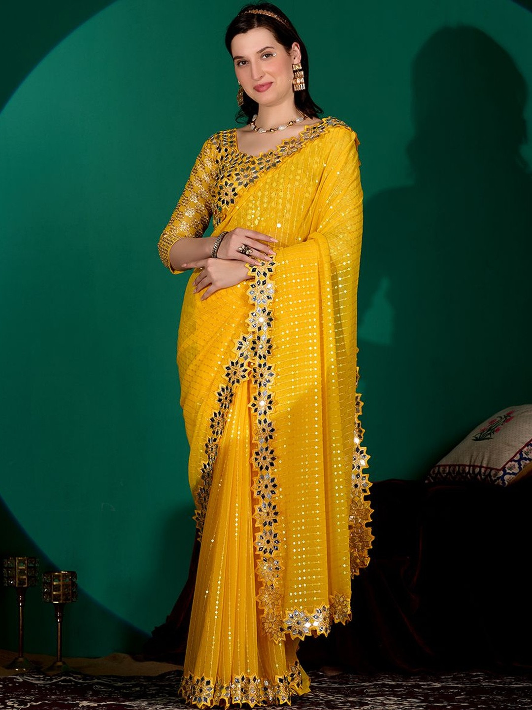 Prettyage women Saree with Mirror & Sequin Work(Yellow)