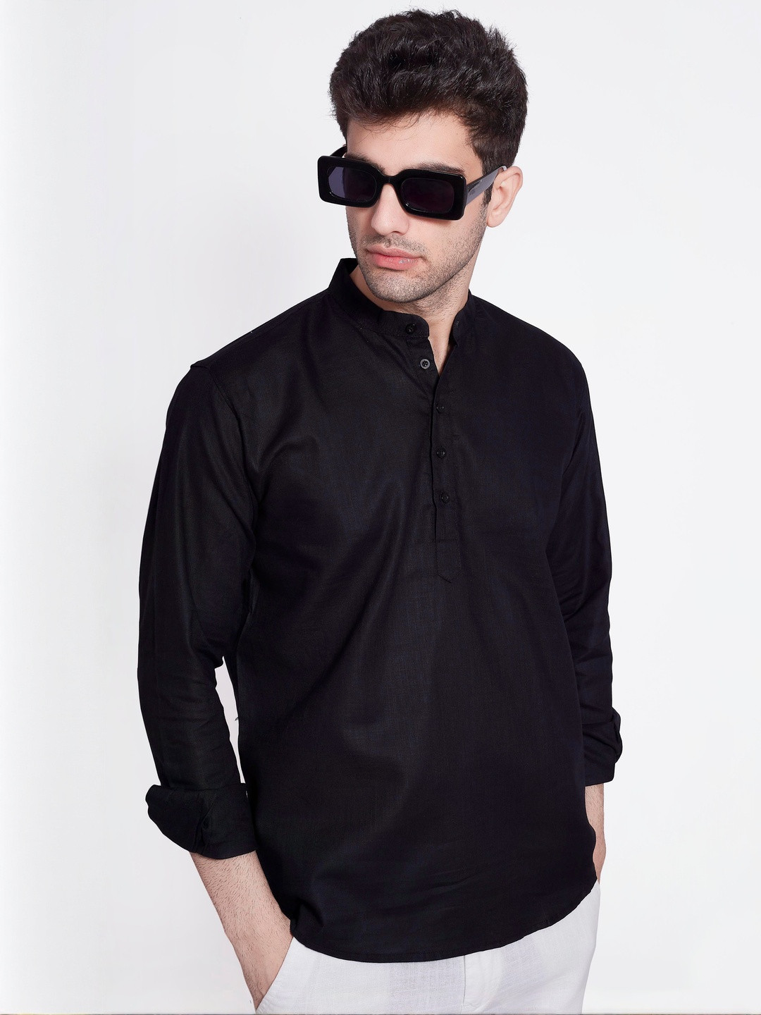 PulseIQ Mandarin Collar Slim Fit Full Sleeves Cotton Short Kurta
