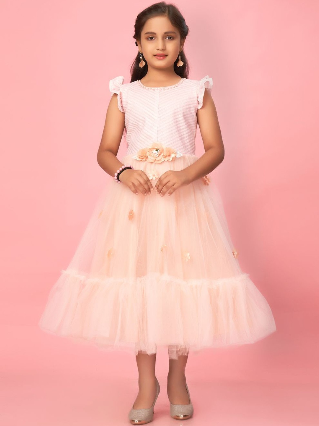 Muhuratam Girls Floral Self Design Applique Net Gown Midi Dress