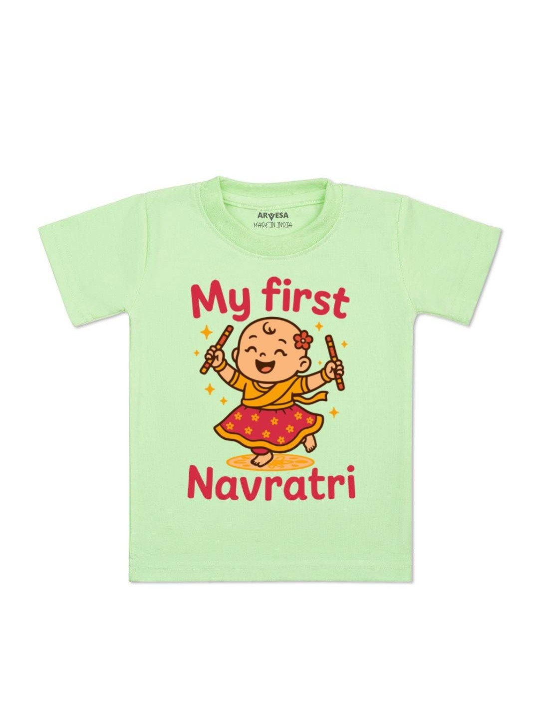 Arvesa Kids My First Navratri Graphic Printed Short Sleeves Cotton T-shirt