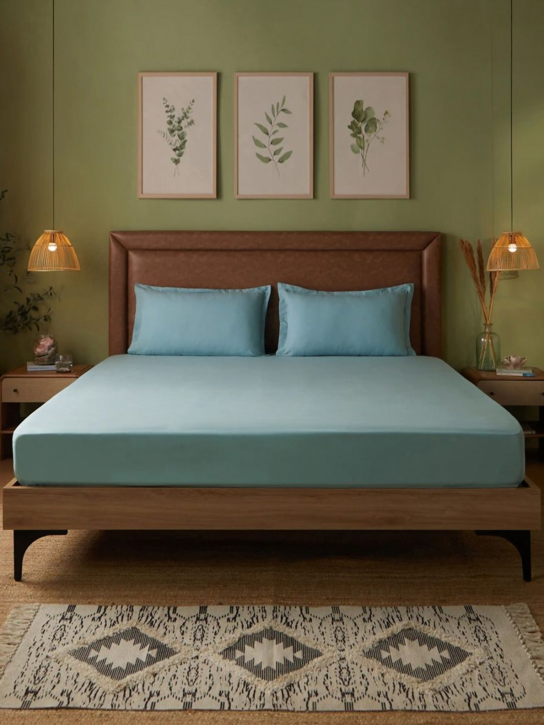 LIVSPACE Paleto Blue Pure Cotton 144 TC Fitted Double Queen Bedsheet Set-1.98 m X 1.82 m