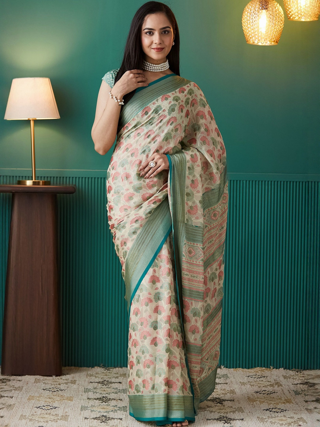 RACHNA Floral Printed Zari Georgette Foil Ready To Wear Saree With Unstiched Blouse