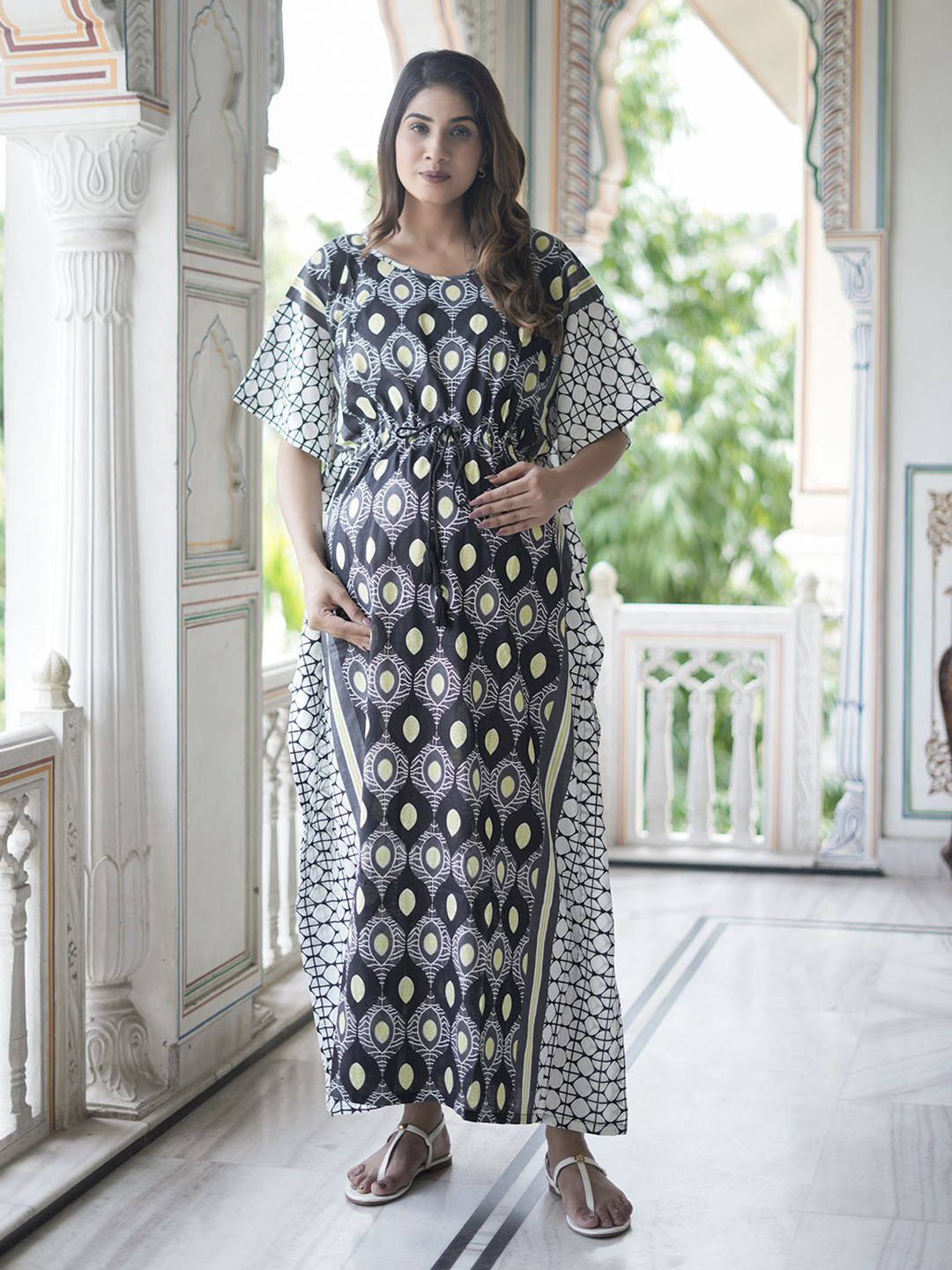 Aujjessa Women Geometric Printed Lace-Up Cotton Maternity Kaftan Maxi Dress