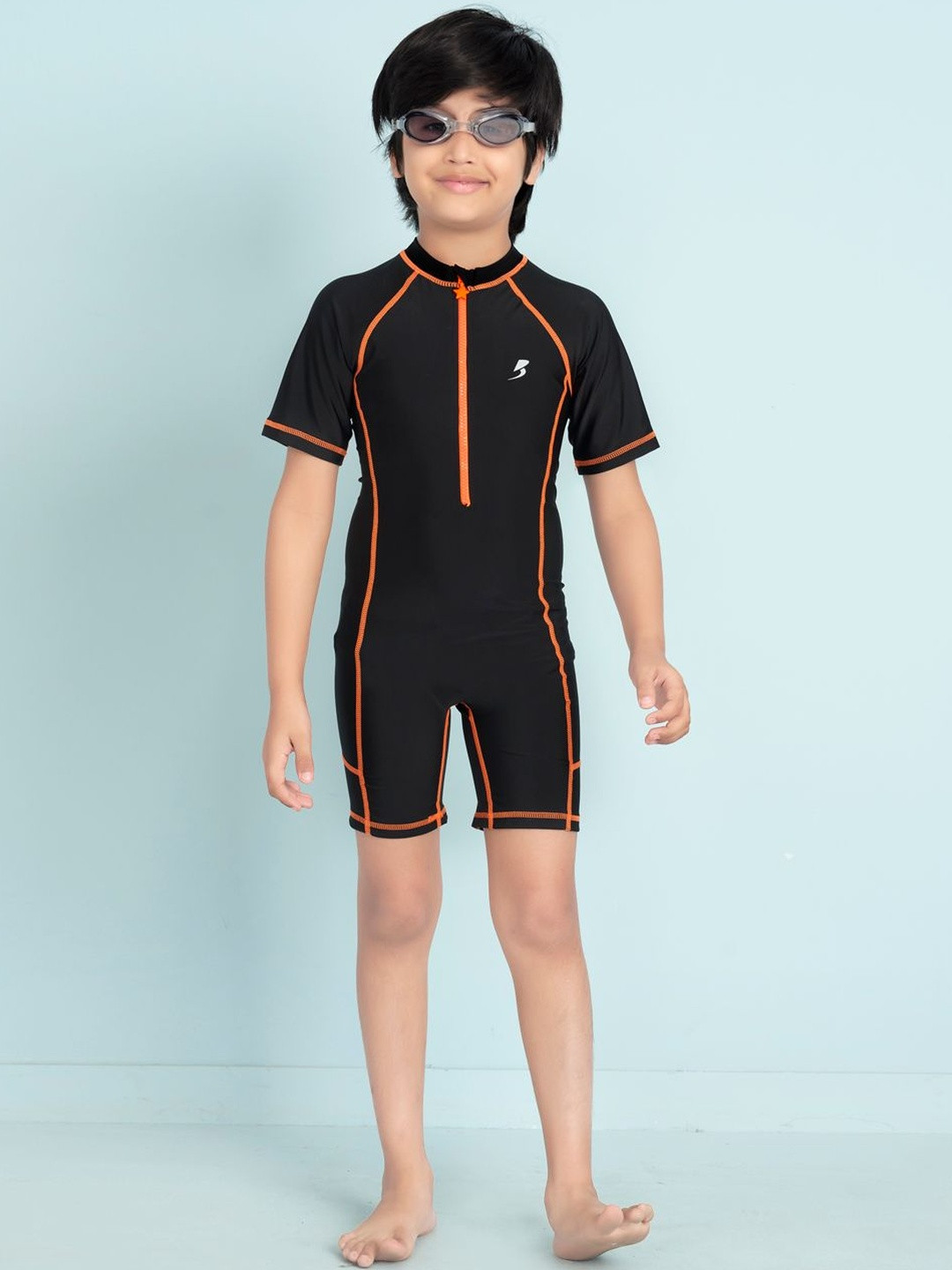 Muhuratam Boys Sports Wear Black Orange Colour Solid Nylon Swim Suit