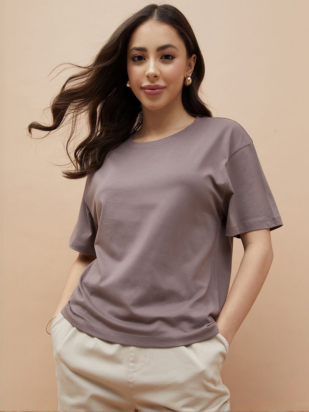 Fame Forever by Lifestyle Women Plus Size Solid Round Neck Pure Cotton T-shirt