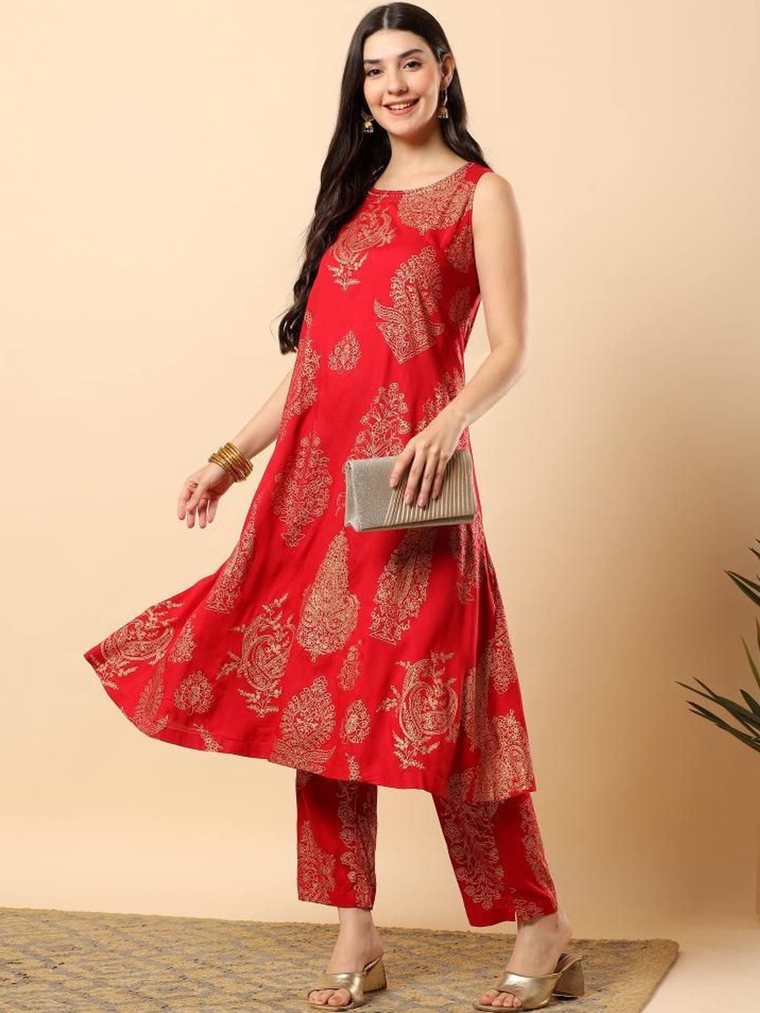 Maroon Rayon God Printed & Hand Embroidery Work Kurta With Trousers Set