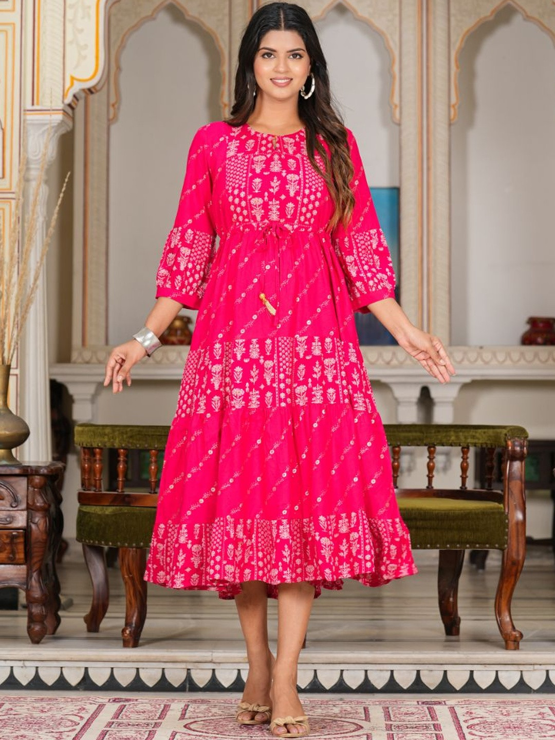 KALINI Floral Printed Gathered Or Pleated Tiered Fit & Flare Midi Dress
