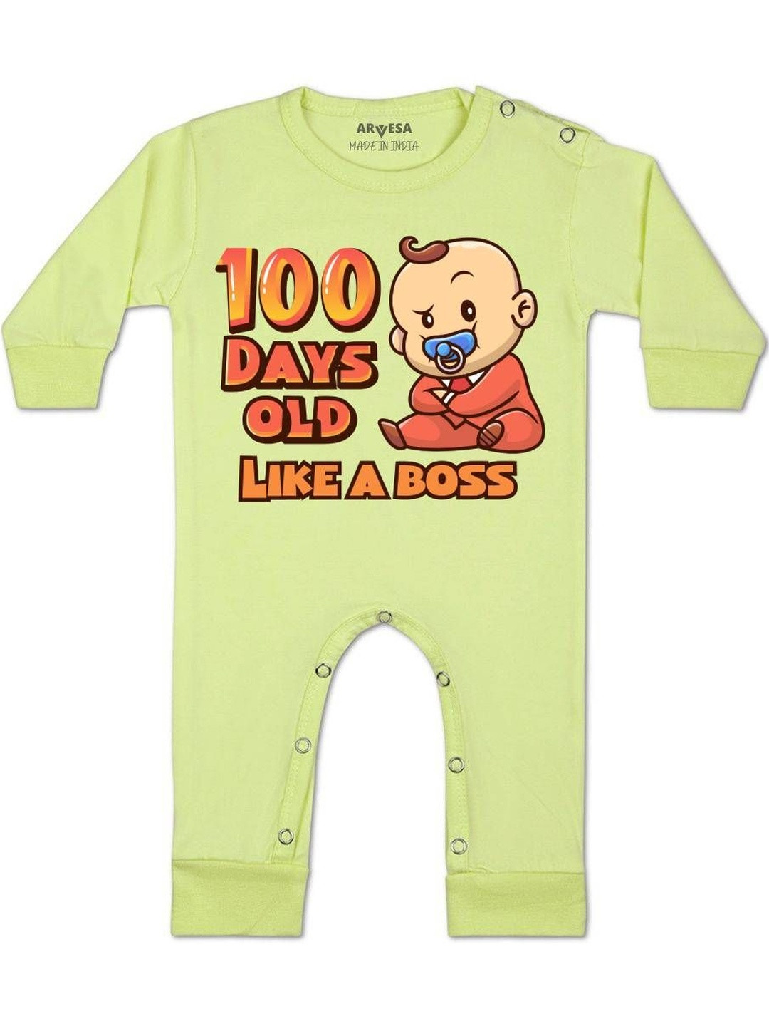 Arvesa100 Days Birthday Printed Envelope Neck Full Sleeve Baby Rompers