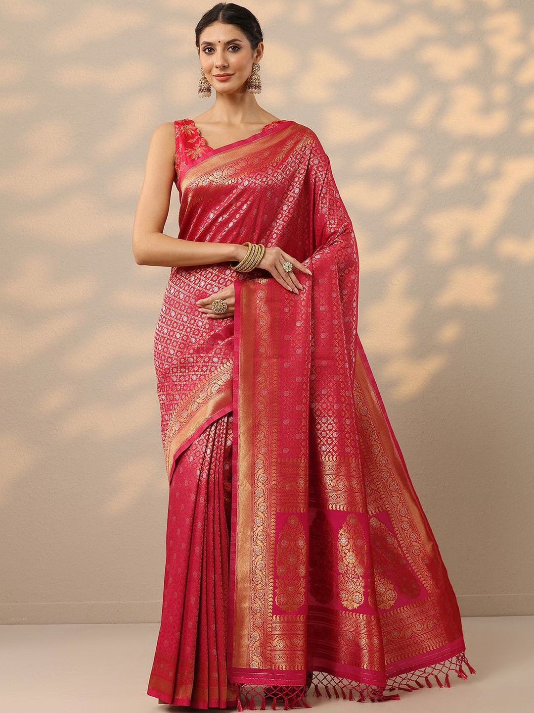 Libas Pink Woven Design Banarasi Silk Blend Saree With Unstitched Blouse Piece