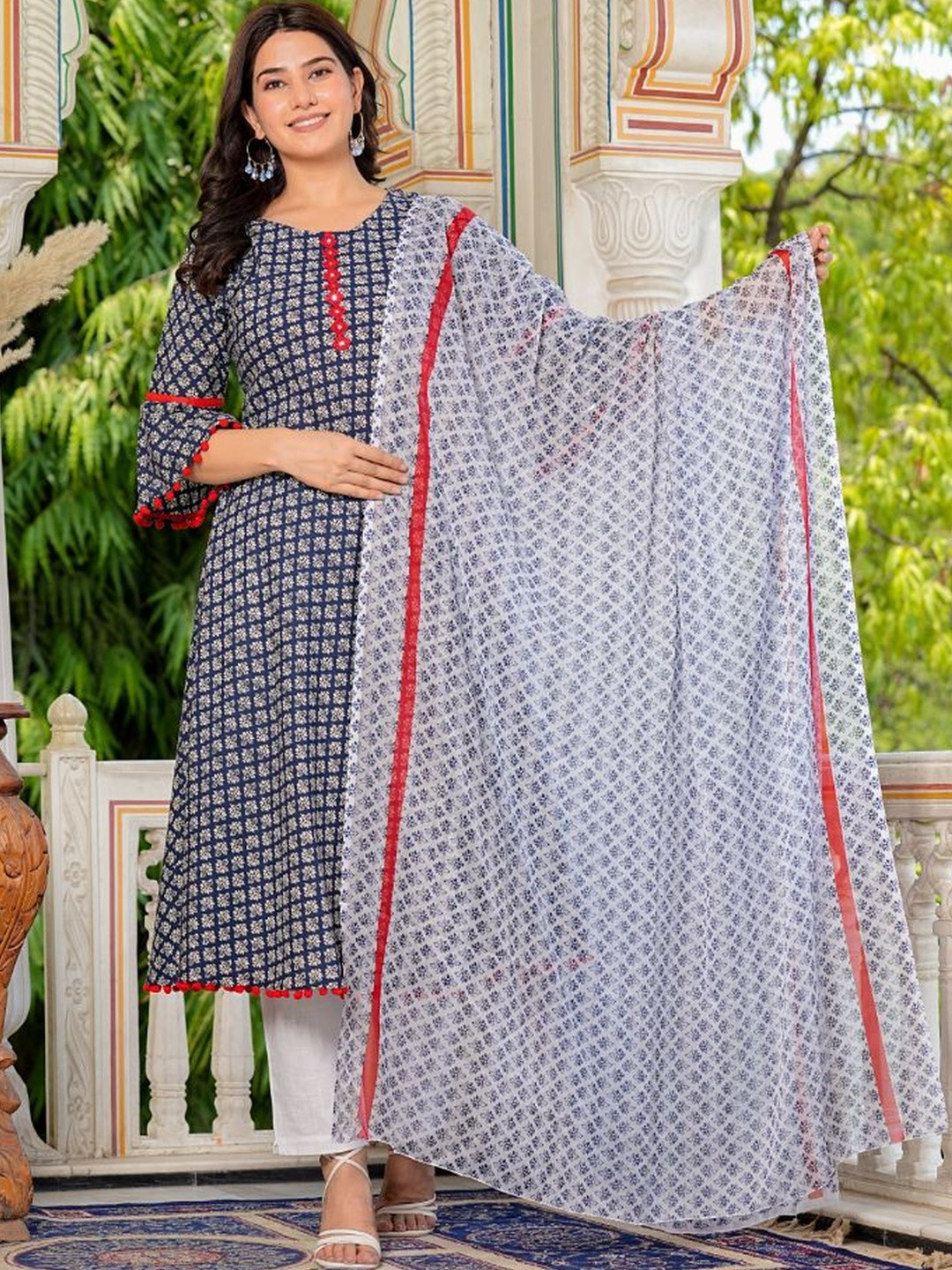 KALINI Checked A-Line Kurta With Dupatta