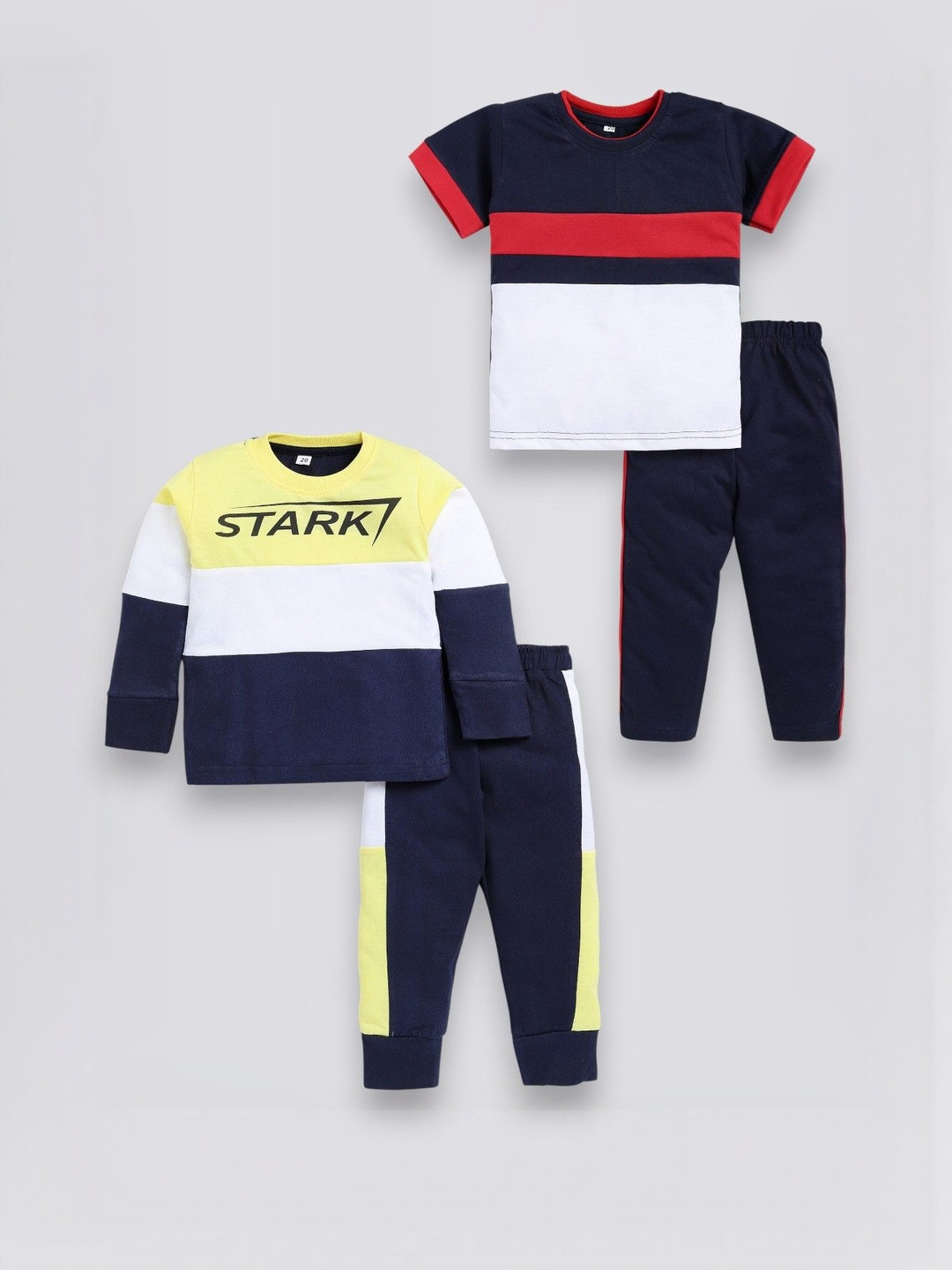 carrydreams Pack Of 2 Kids Pure Cotton Colourblocked T-Shirt & Joggers Clothing Set