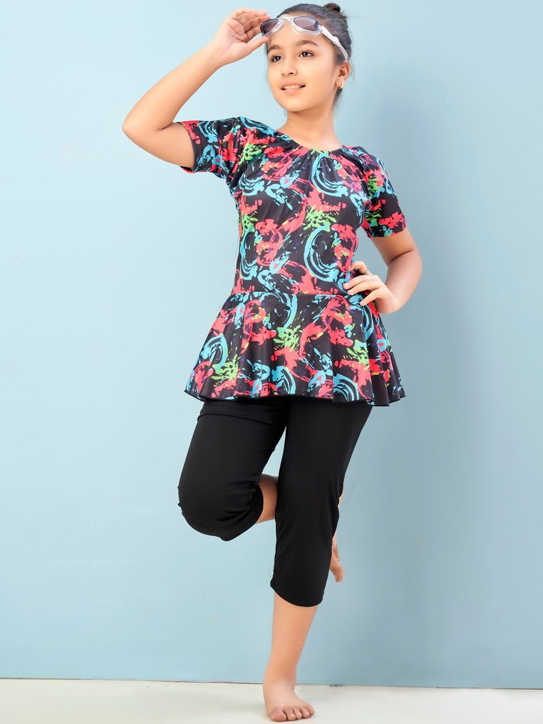 Muhuratam Girls Sports Wear Black-Rani Pink Abstract Print Nylon Swim Suit With Goggle