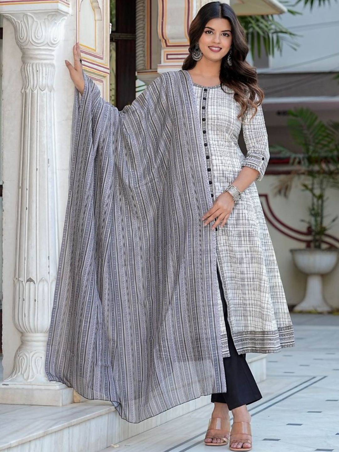 KALINI Checked Printed Panelled A-Line Cotton Kurta With Dupatta