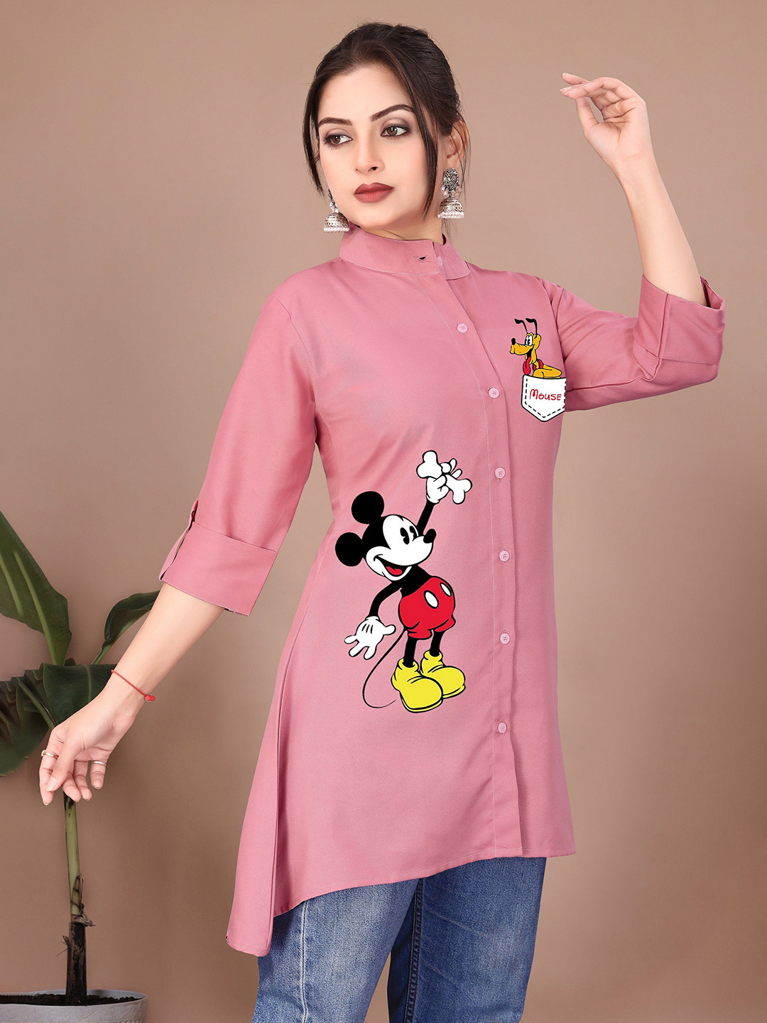 SHREEZON Women Mickey Mouse Printed Shirt Collar Tunic