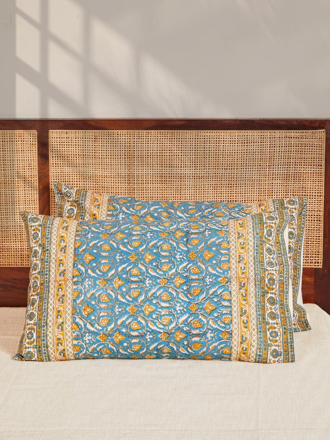 Fabindia Nafisa Teal & Mustard 2 Pieces Abstract Pure Cotton Rectangle Pillow Covers