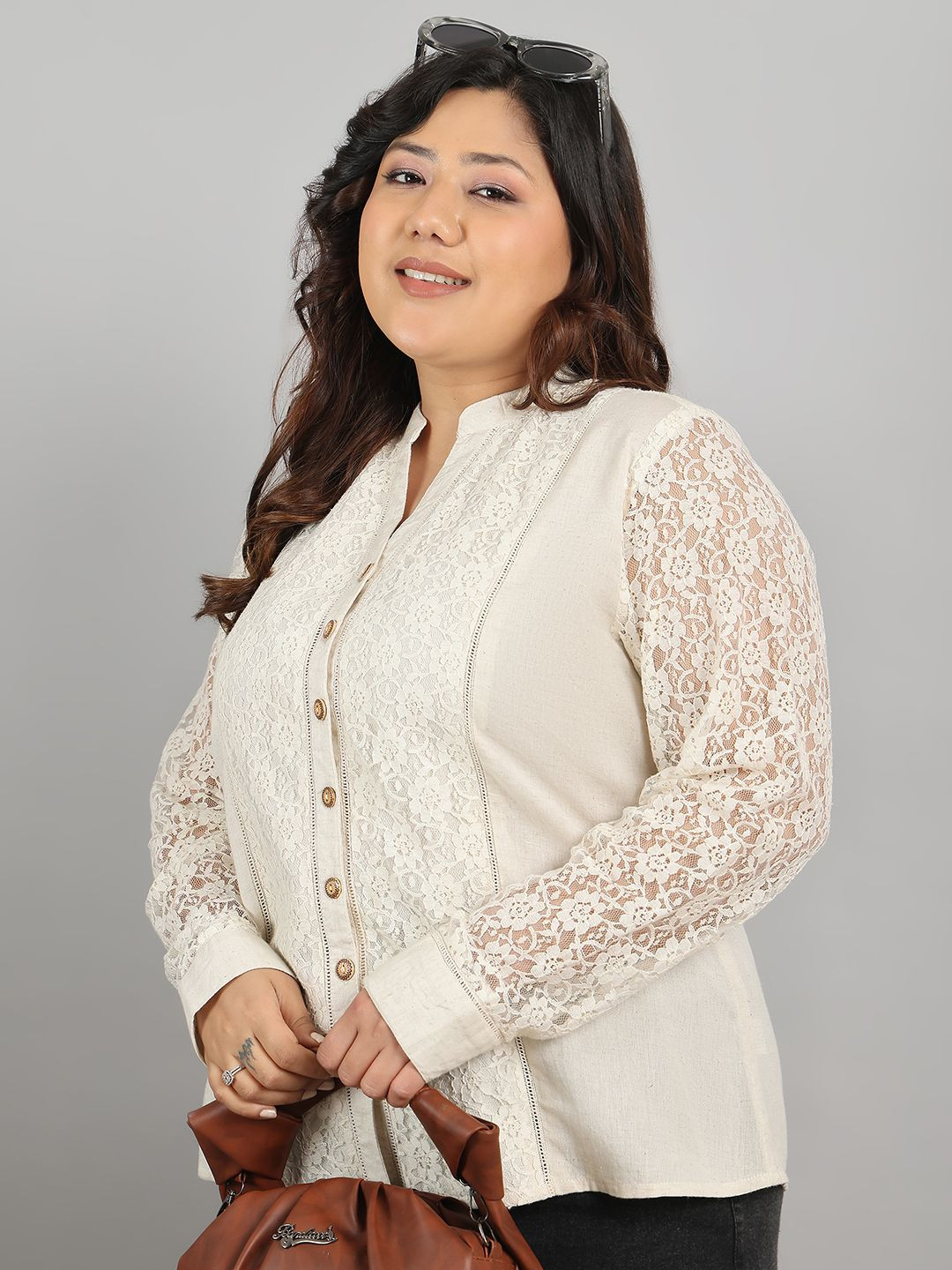 all about you Classic Self Design Textured Mandarin Collar Semi Sheer Cotton Shirt