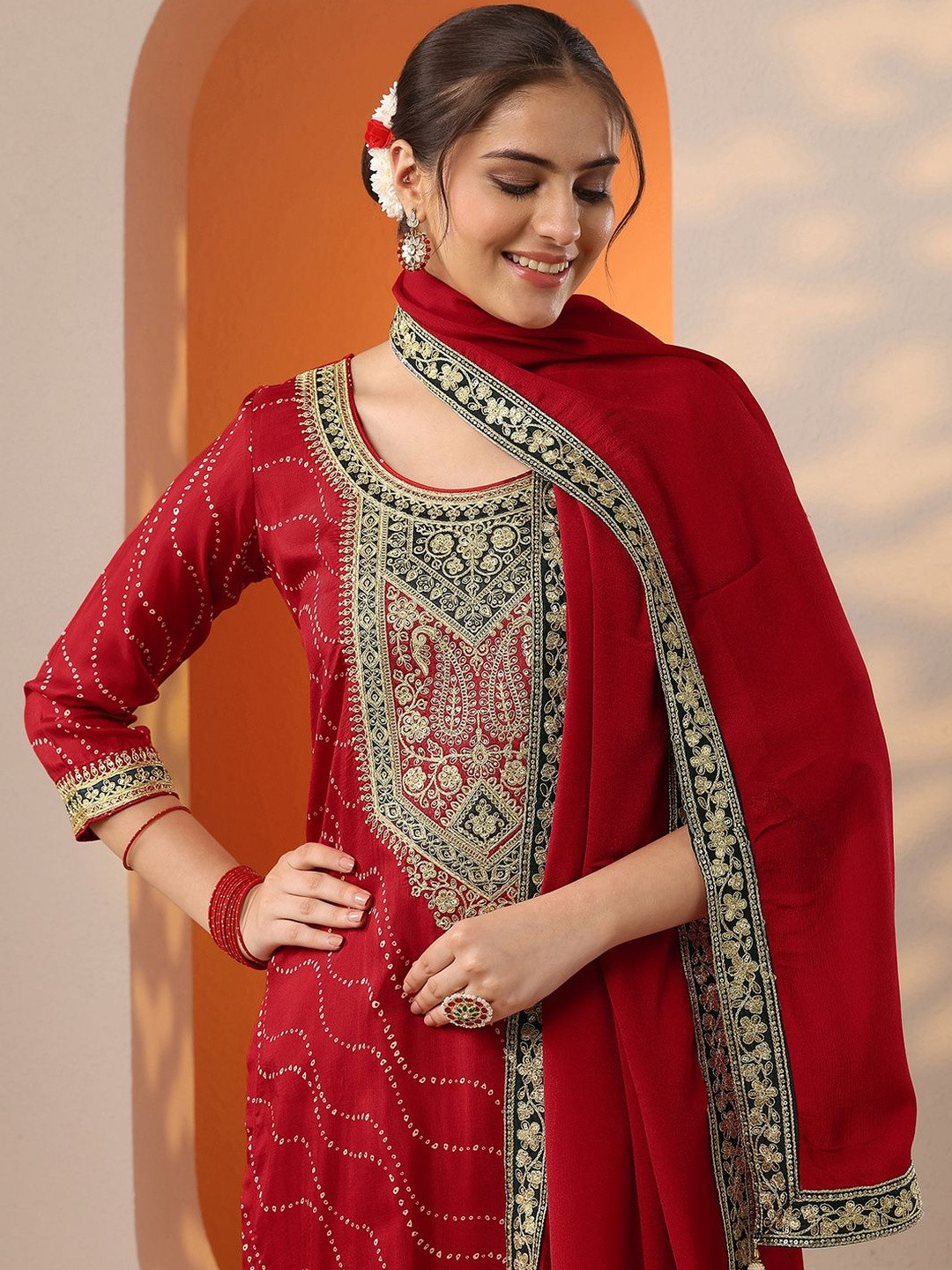 Libas Women Bandhani Printed Kurta with Trouser & Dupatta