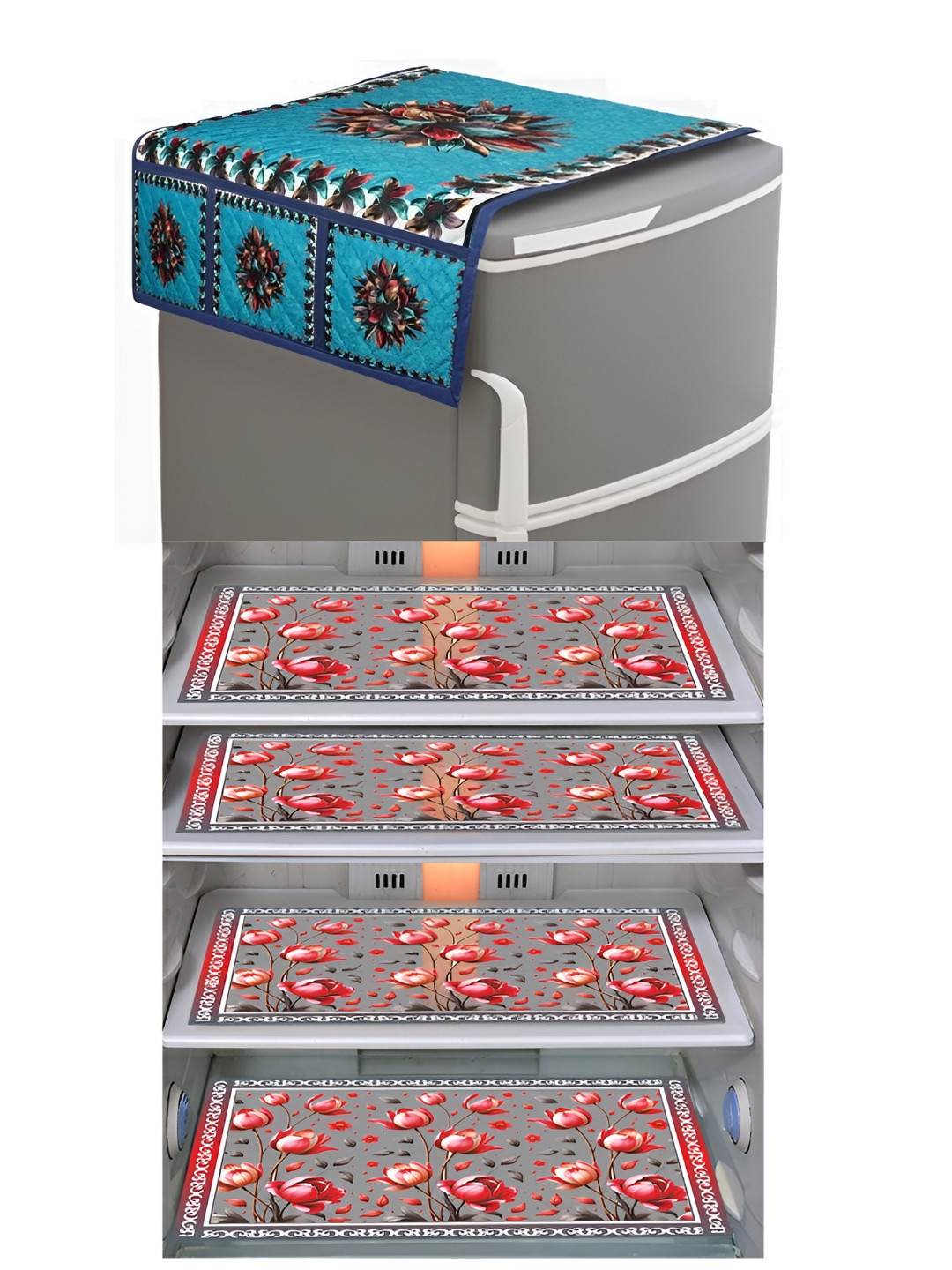 Dakshya Industries Blue & White 5 Pieces Floral Printed Plastic Fridge Covers