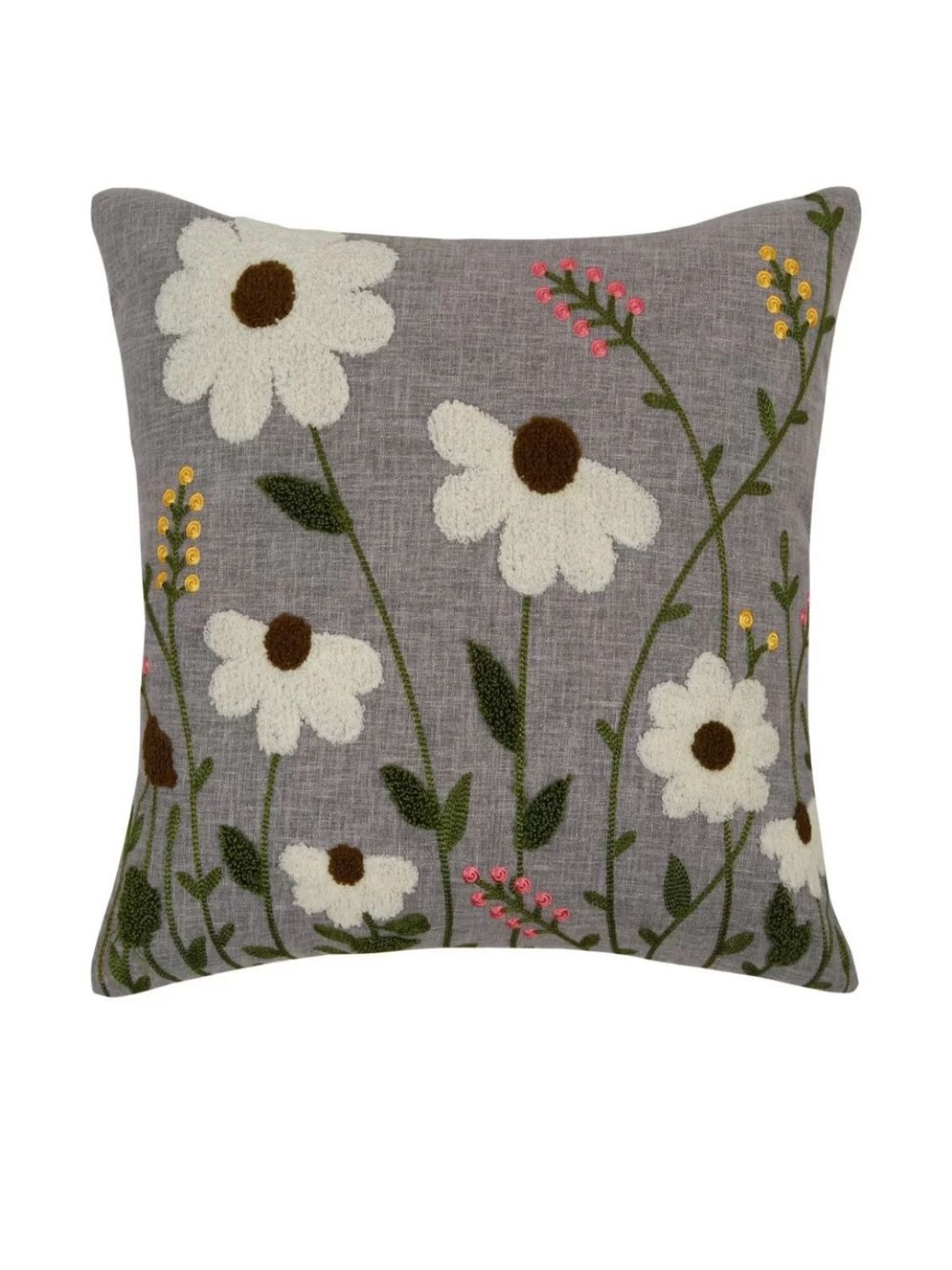 MONKDECOR Grey & White Floral Linen Square Cushion Covers
