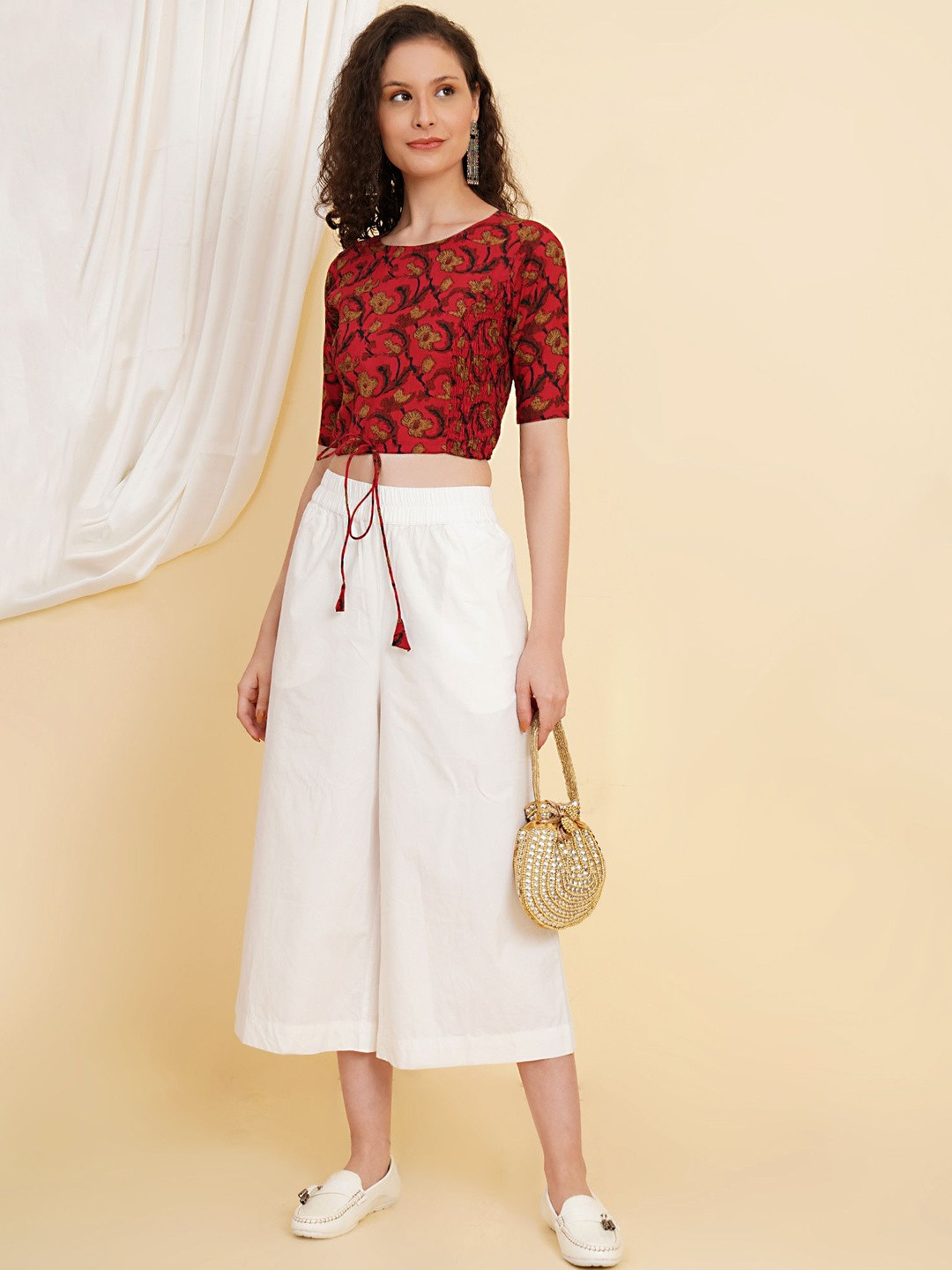 KALINI Women's Cotton Floral Printed Regular Blouse (Maroon)