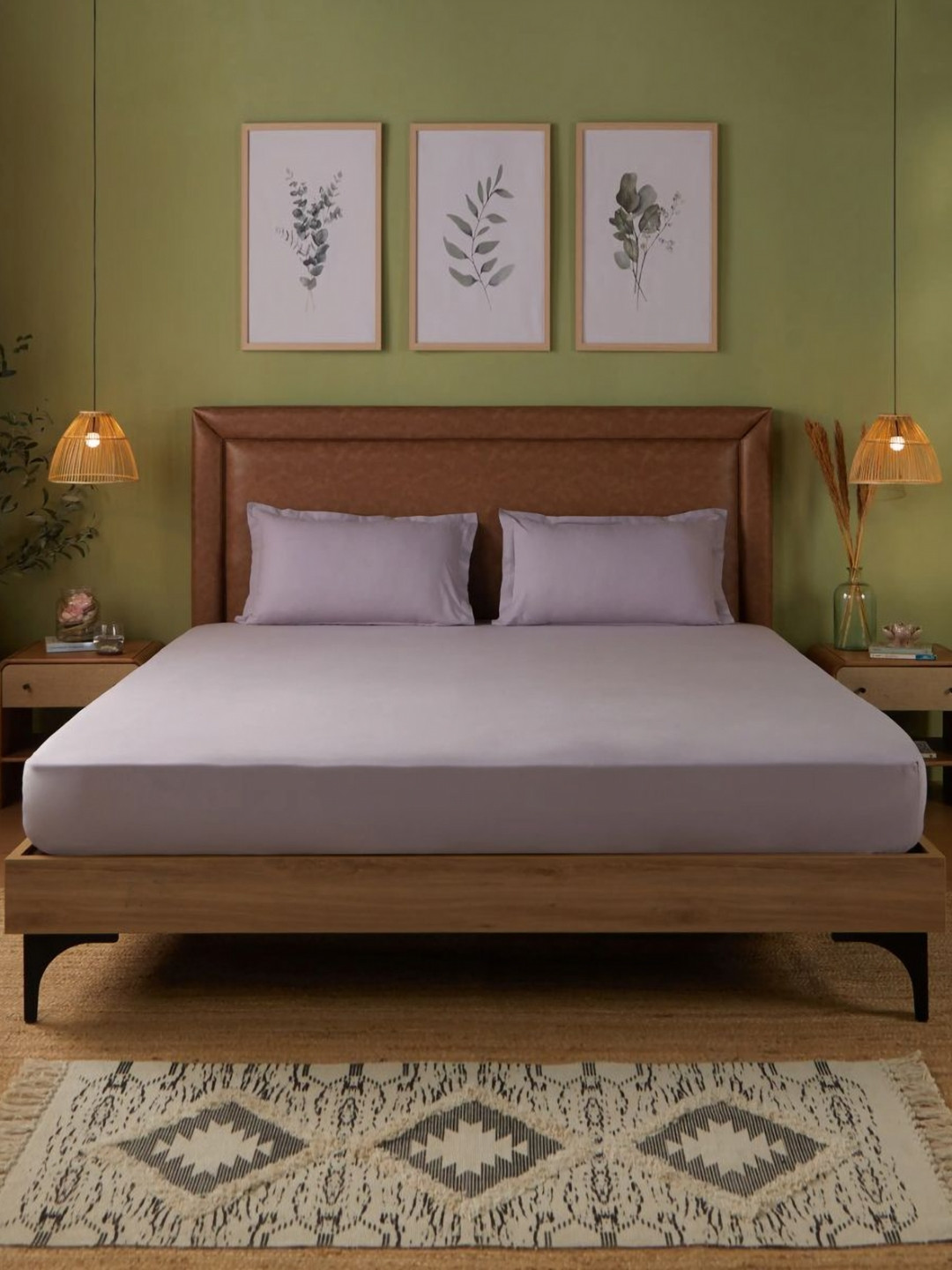 LIVSPACE Paleto Lavender Pure Cotton 144 TC Queen Fitted Bedsheet Set-1.98 m X 1.82 m