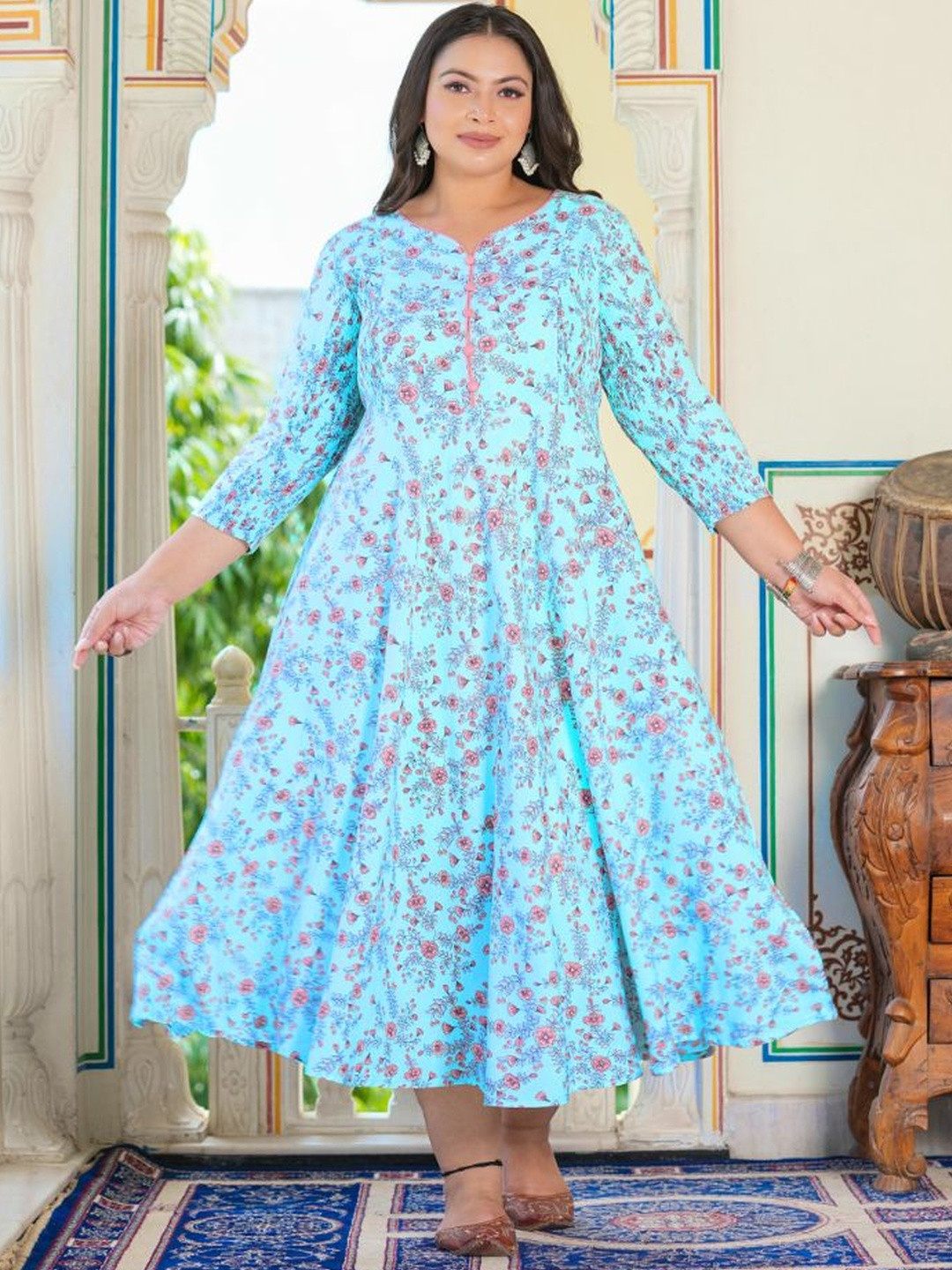 KALINI Women's Stretchable Maternity Wear Floral Printed Anarkali Dress (Sky Blue)