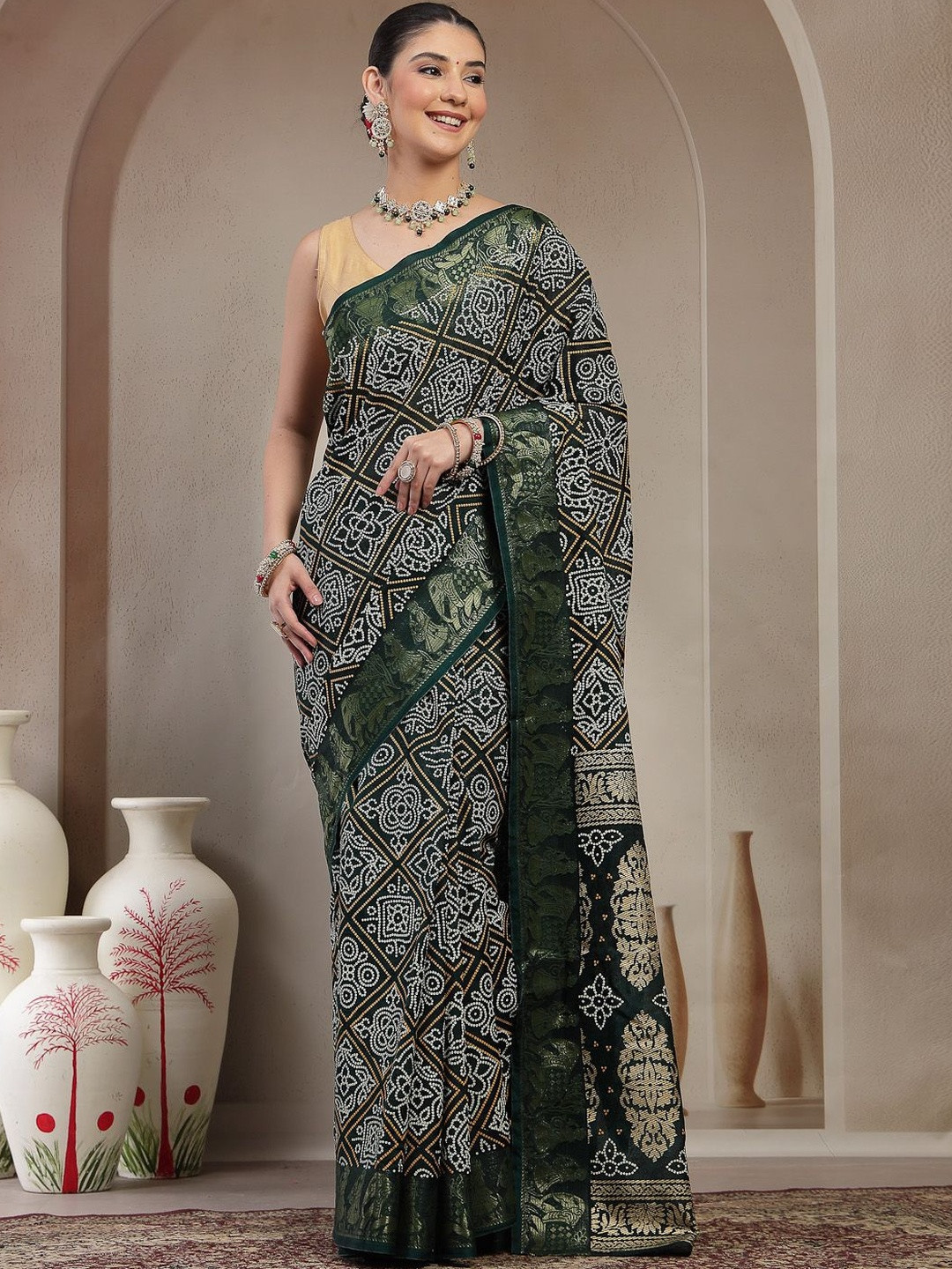 Kishori Sarees Bandhani Printed Woven Design Zari Bandhani Saree