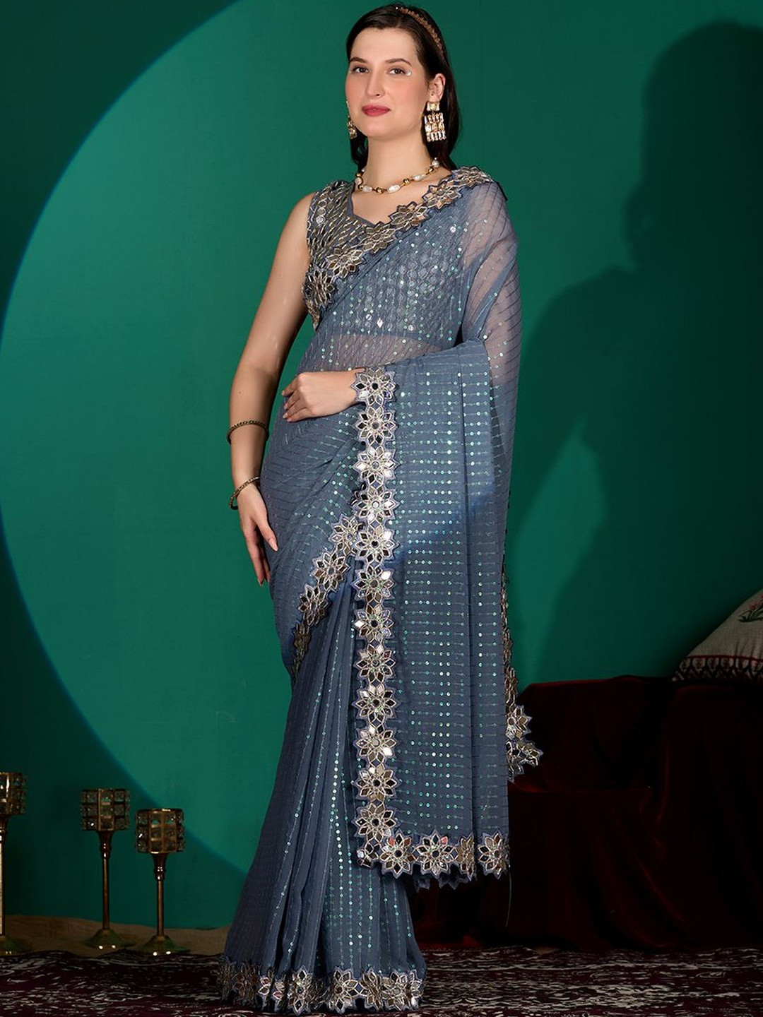 Prettyage Women Embroidered Embellished Georgette Saree with Mirror & Sequin Work