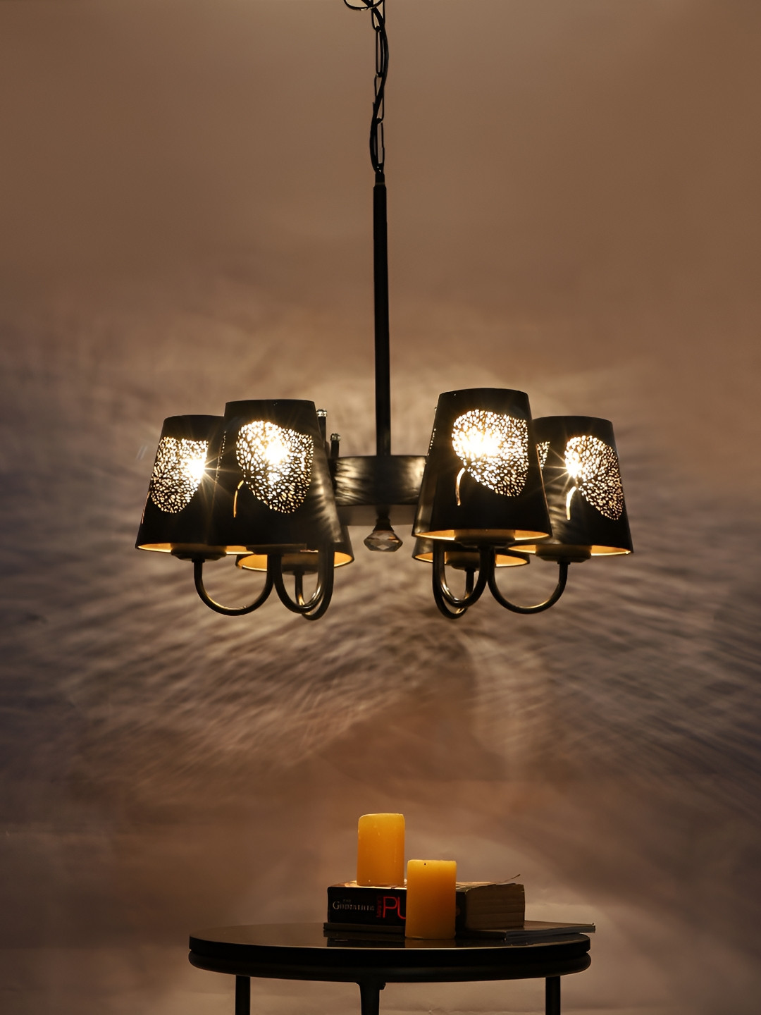 Aura Black Textured Frustum Shaped 6 Light Ceiling Lamp With Etching Shades