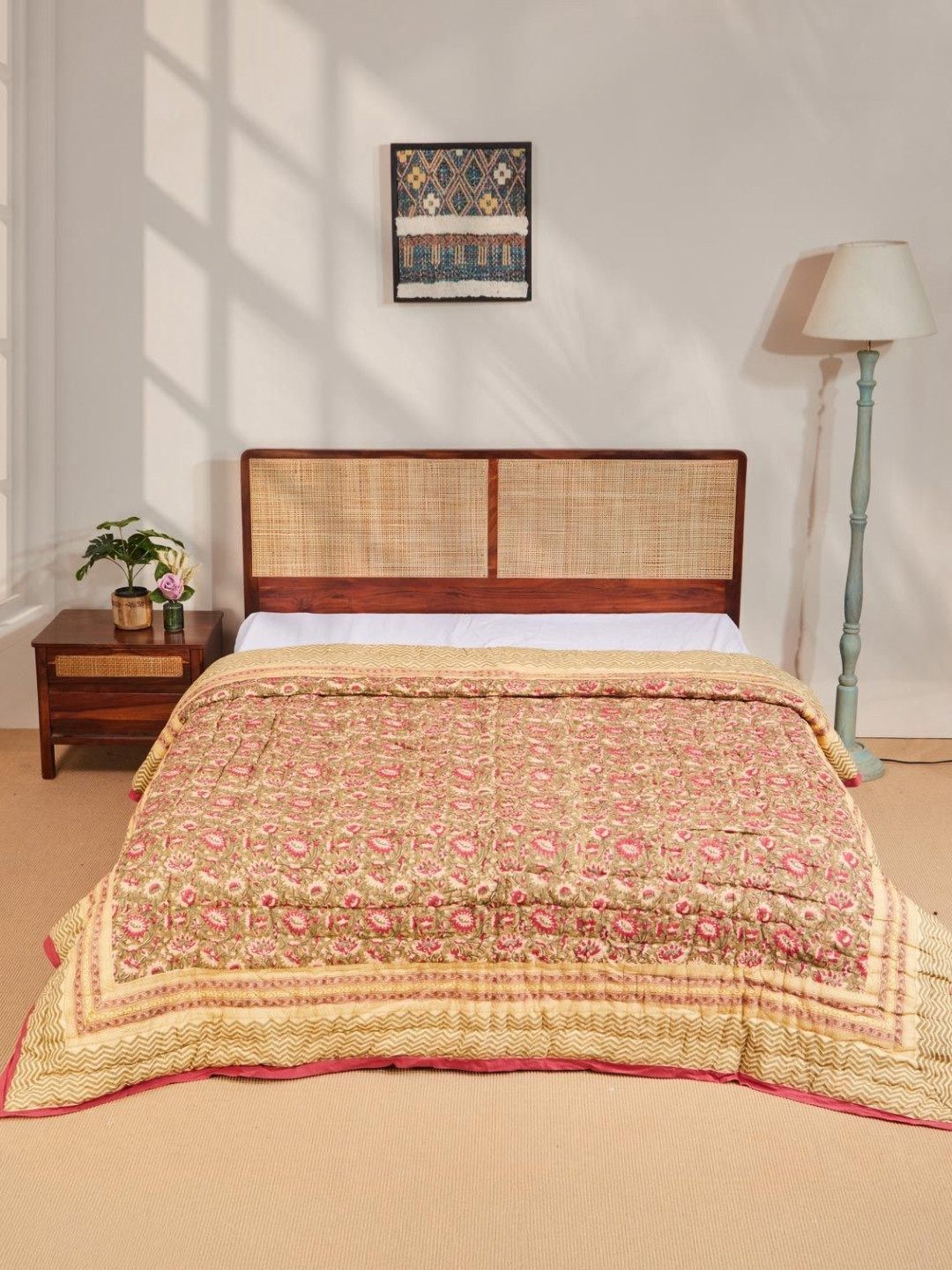 Fabindia Anar Olive Green & Pink Printed Cotton Mild Winter Double Bed Quilt