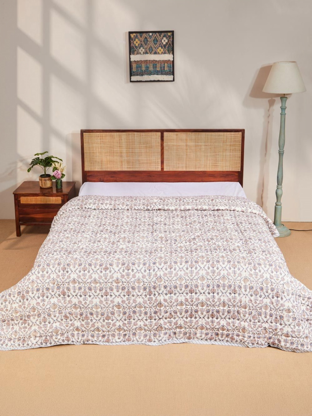 Fabindia Jamuni Blue & Brown Printed Mild Winter 354 GSM Double Bed Quilt