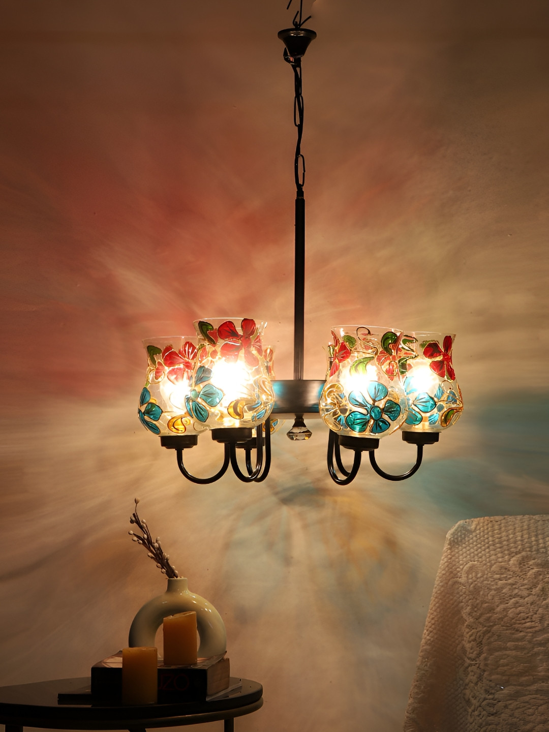 Aura Transparent & Green Textured Abstract Shaped 6 Light Ceiling Lamp