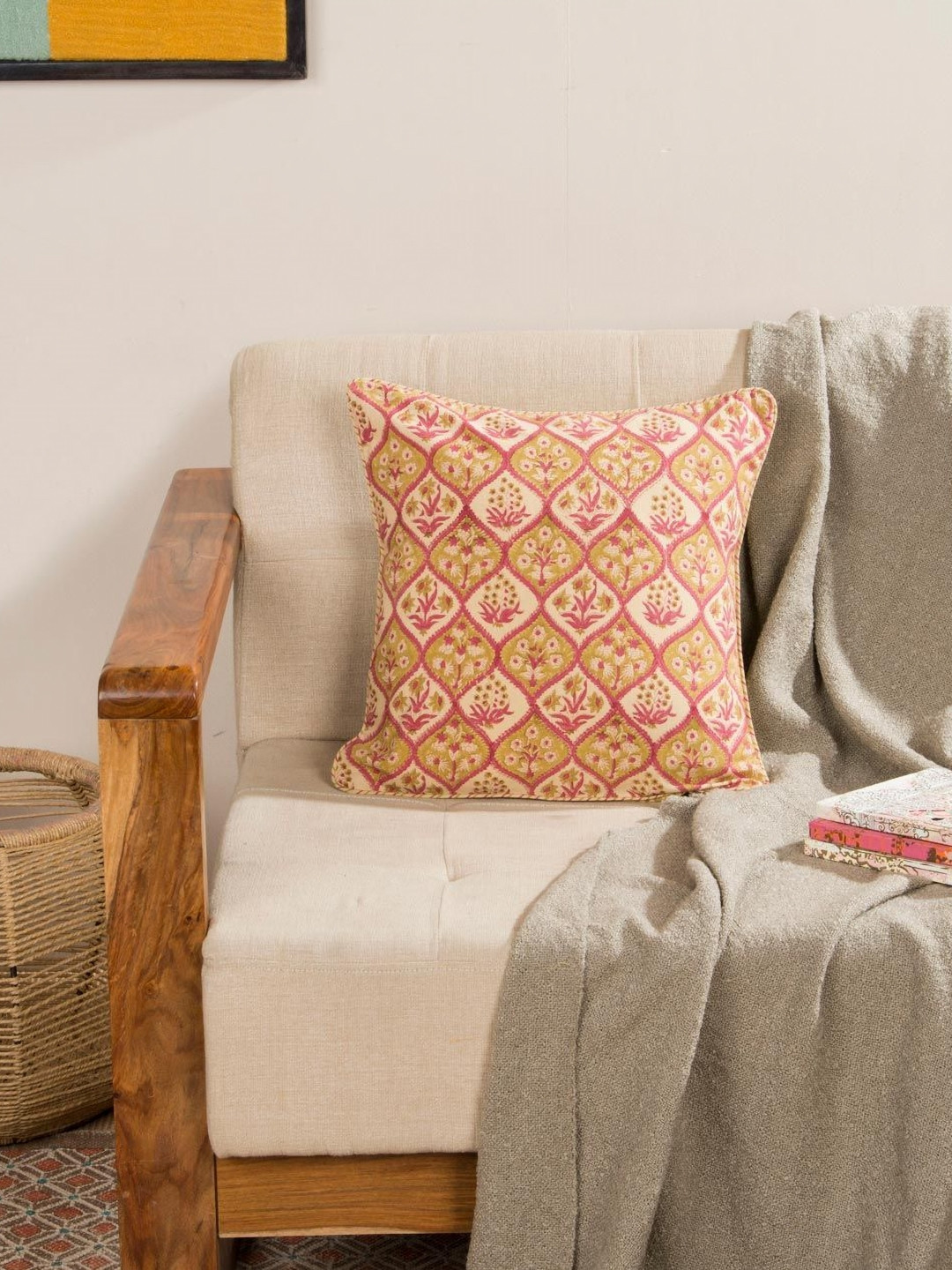 Fabindia Anar Fuschia & Green Ethnic Motifs Printed Cotton Square Cushion Cover