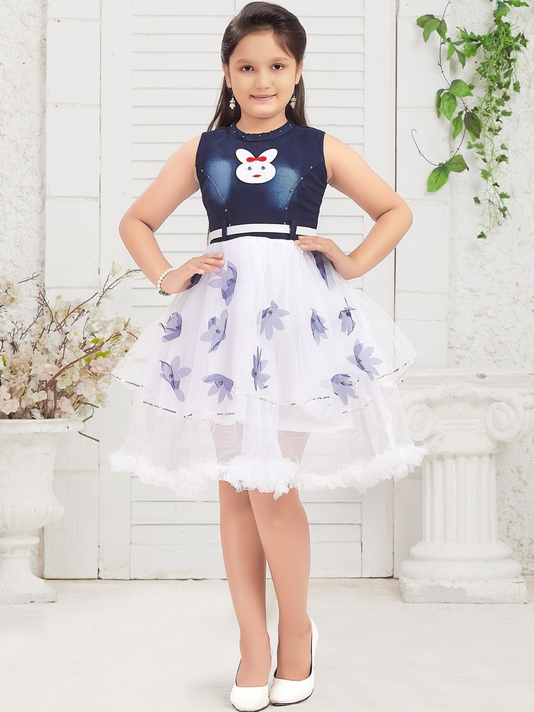 Muhuratam Girls Printed Embellished Ruffles Cotton Fit and Flare Dresses With Belt